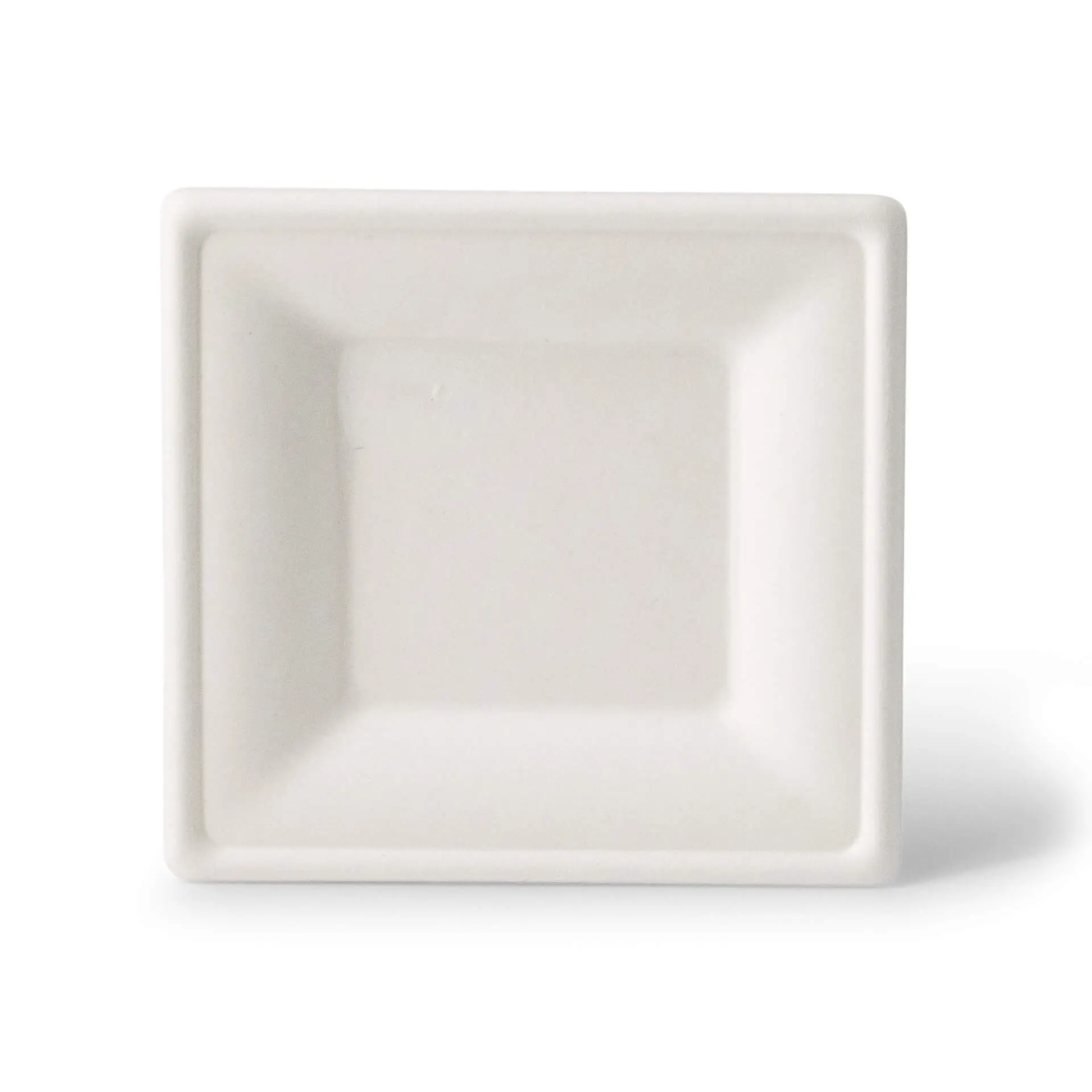 Quadratische Zuckerrrohrplatte, 16 x 16 cm, geeignet für heiße und kalte Speisen, aus biologisch abbaubarem Bagasse-Material.