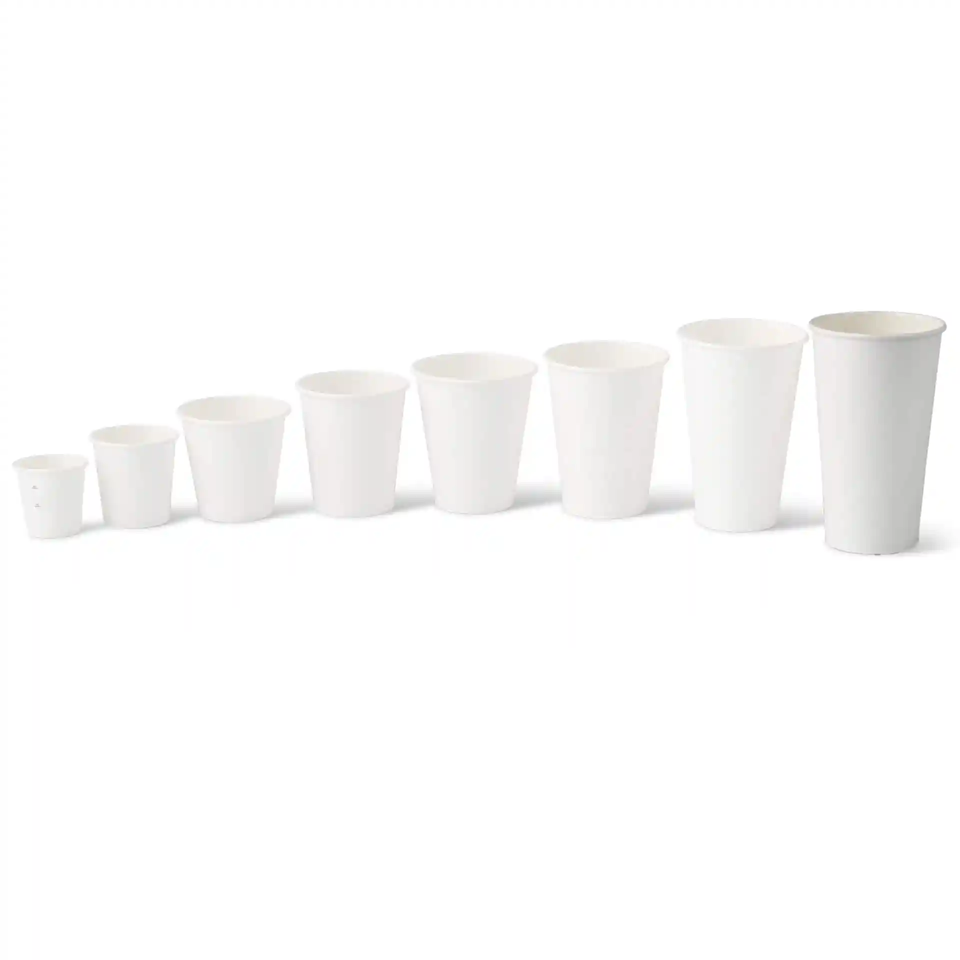 Image of multiple white paper cups in varying sizes arranged in a row, showcasing their round shape and cardboard material.