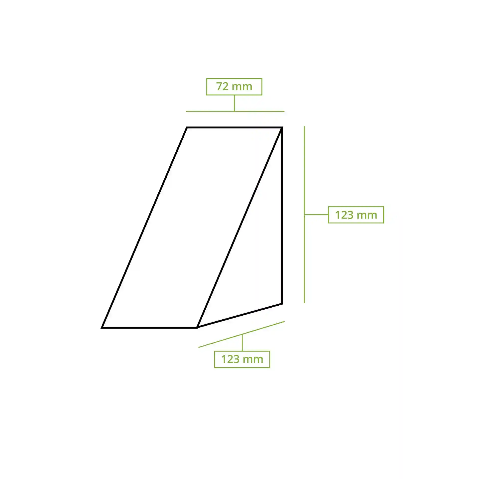 Schematic drawing of a triangular sandwich wedge with dimensions 72 mm width and 123 mm height.