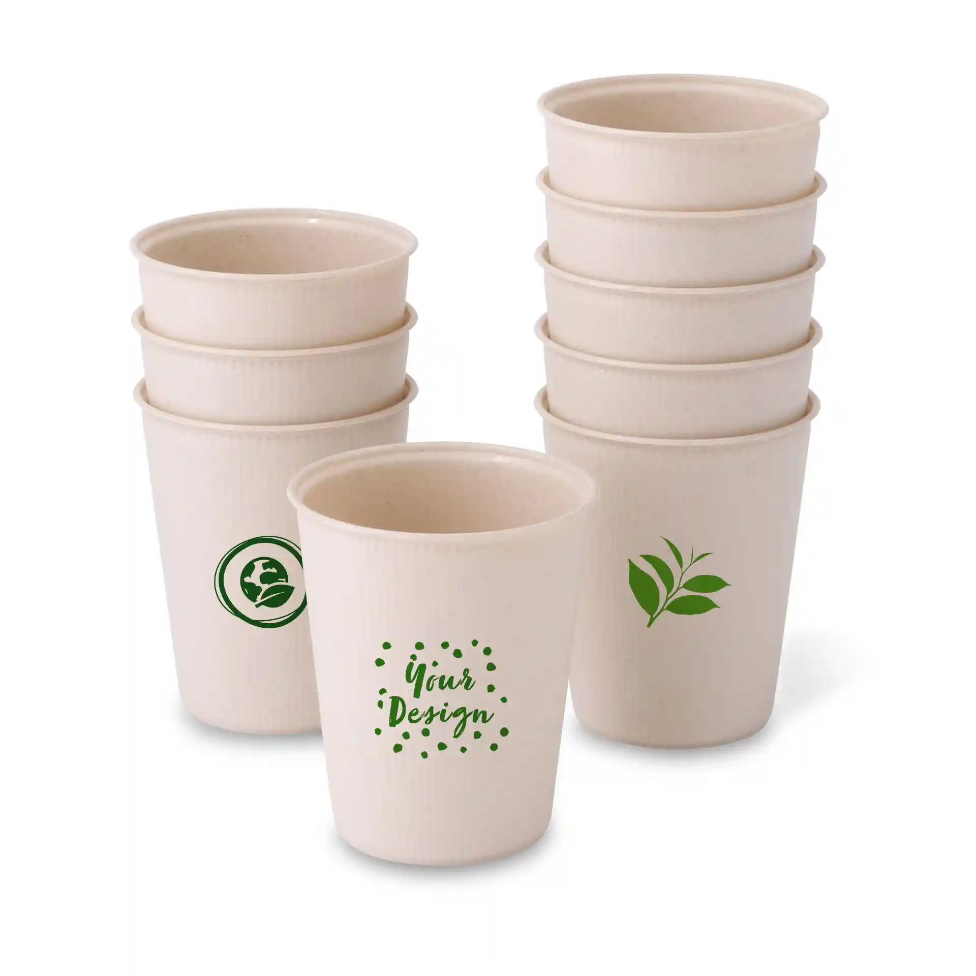 Stack of eight reusable cups with a ripple design, featuring green printed designs on two cups.