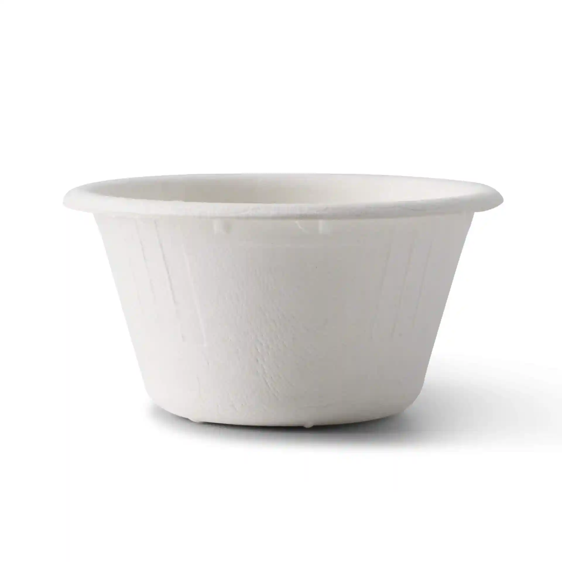 White bagasse dip bowl with a diameter of 62 mm and height of 32 mm, made from sugar cane material.