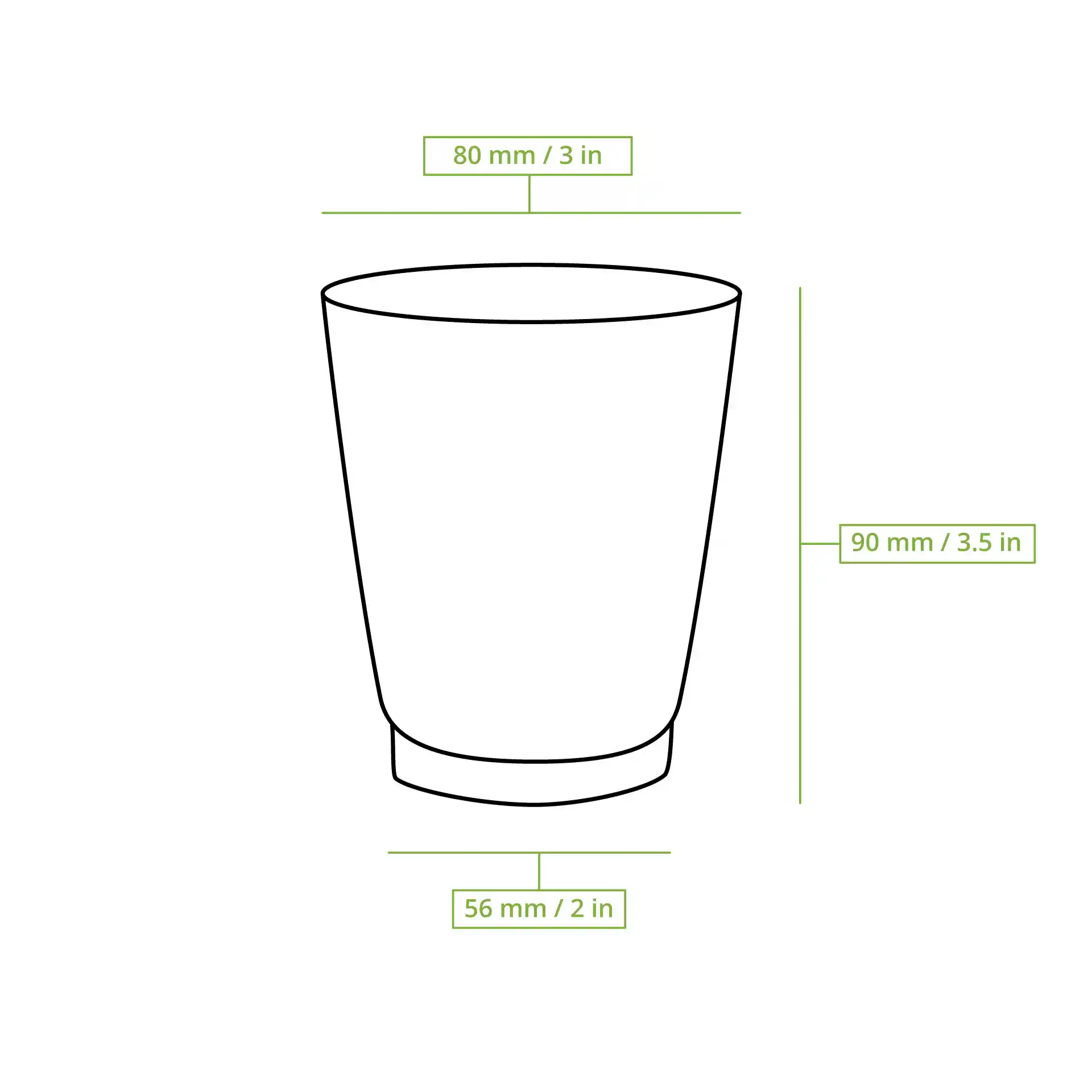 Schematische Zeichnung eines gerippten Bechers mit Maßlinien, die eine Höhe von 91 mm und einen oberen Durchmesser von 80 mm anzeigen.