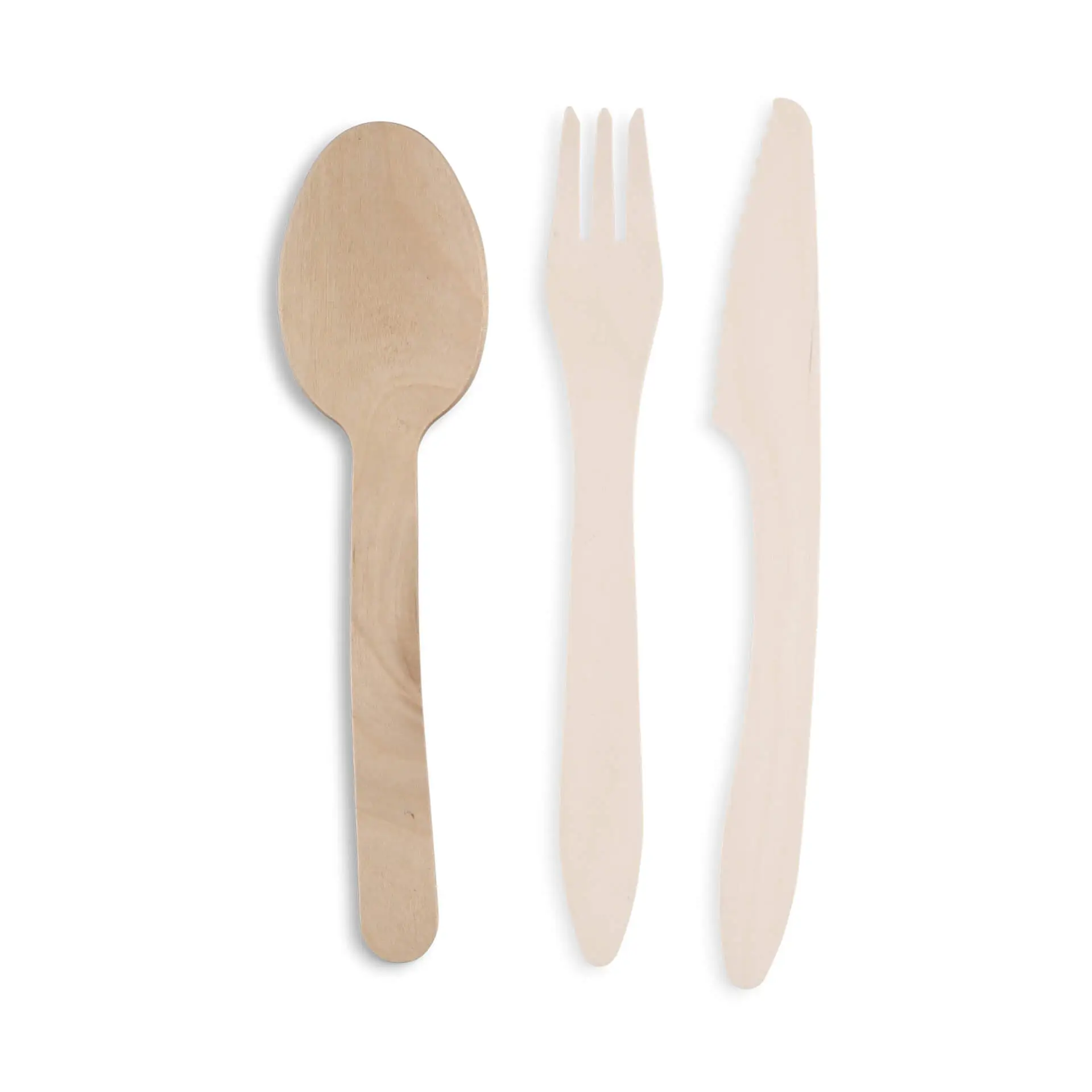 Wooden cutlery set including a spoon, fork, and knife, all made of brown wood with a smooth finish.