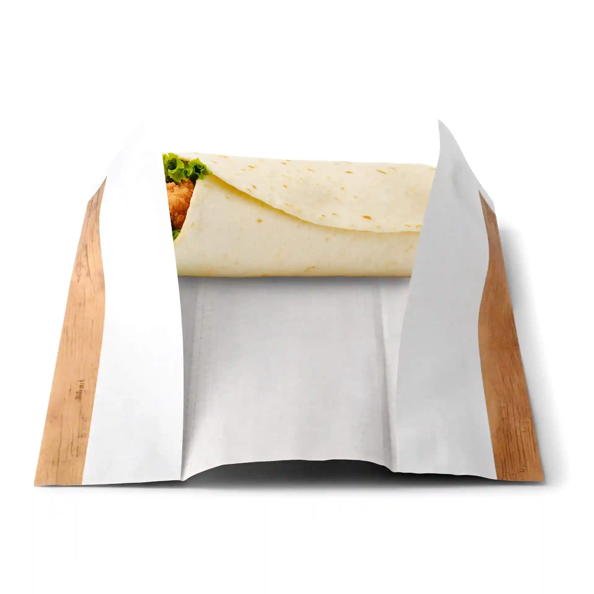 Brown kraft paper wrap bag, prefolded, with a tortilla partially visible inside.