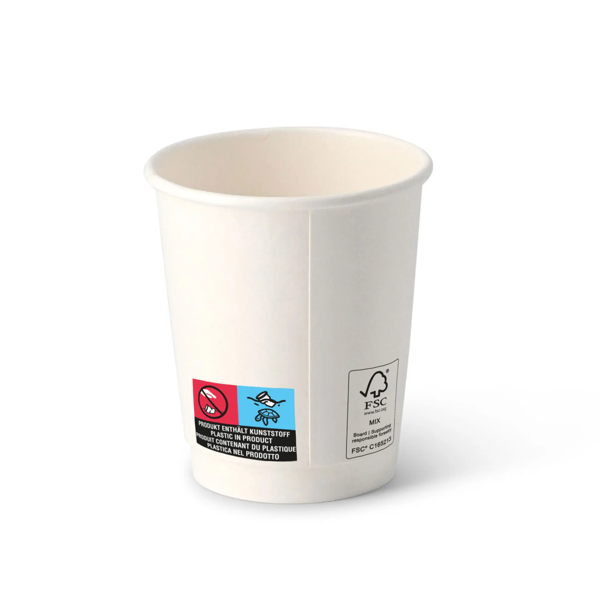 Double-walled coffee cup with a white interior and brown exterior, featuring labels on the side.