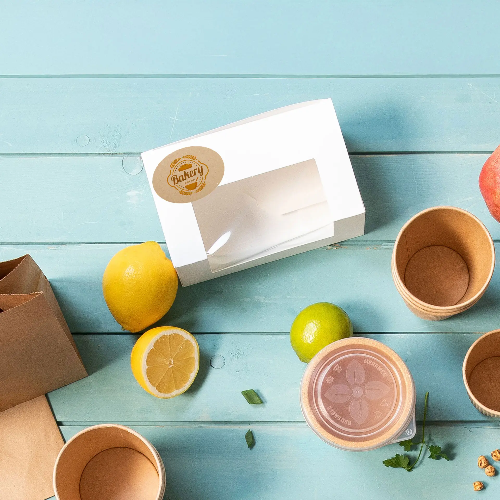 White bakery box with a circular label, surrounded by lemons, limes, kraft paper containers, and a plastic food container on a blue surface.