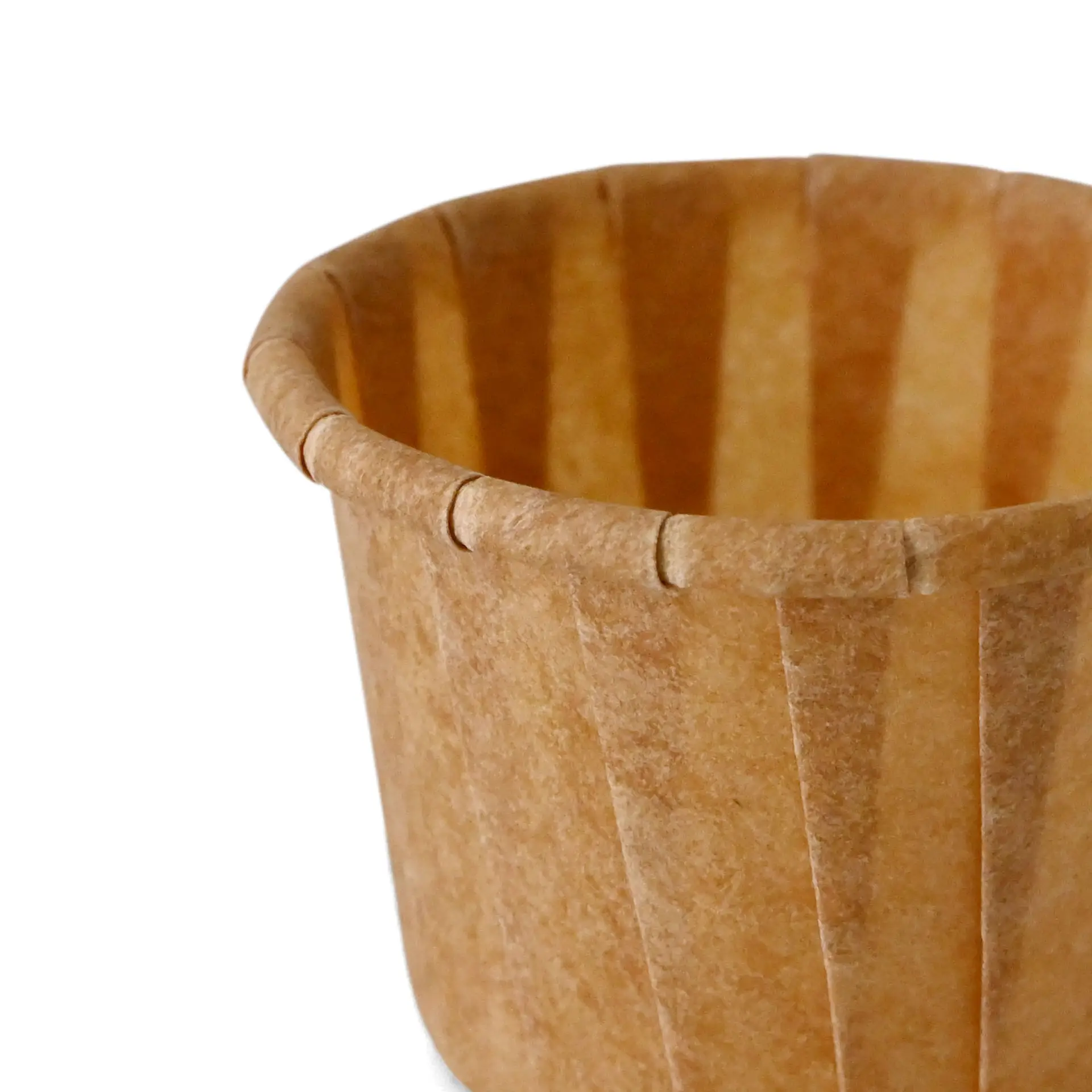 Brown paper cup with ribbed texture, suitable for small portions like dips and sauces, made from biodegradable material.