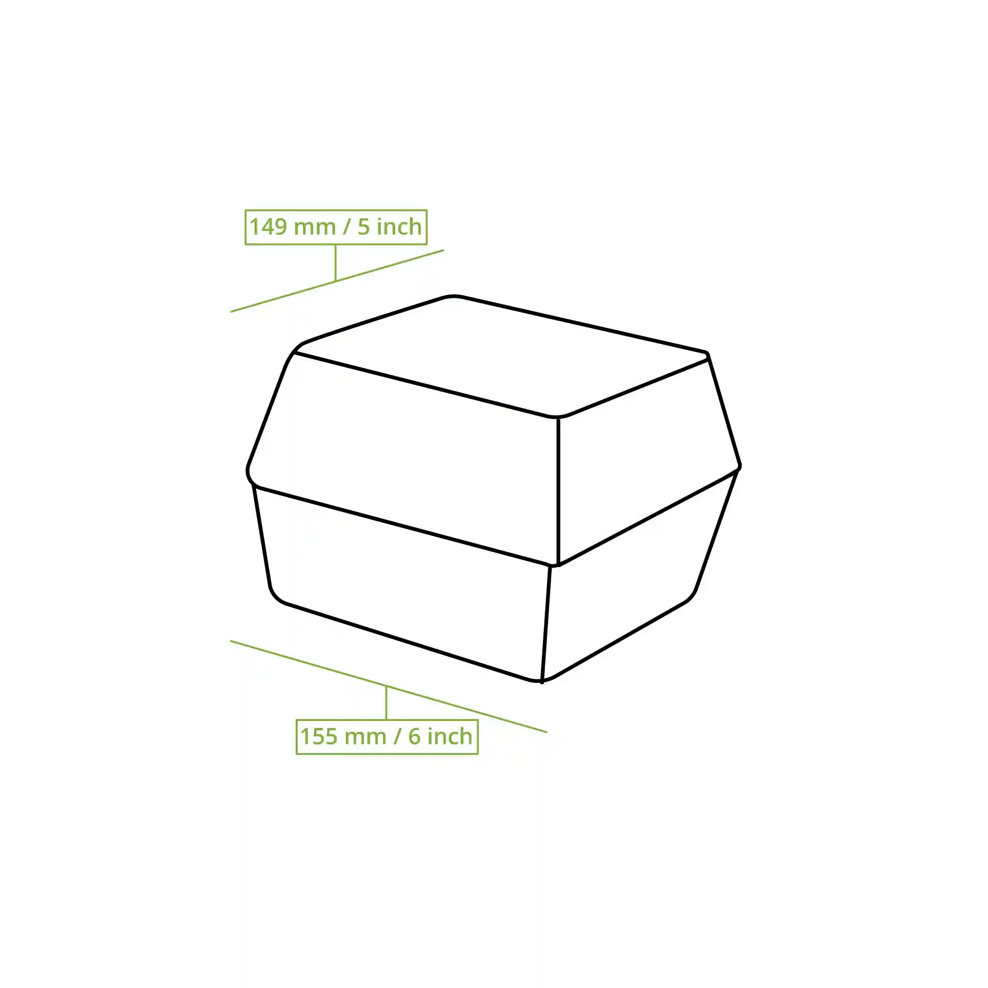 Schematische Zeichnung einer rechteckigen Zuckerrohr-Burgerbox mit den Maßen 149 mm und 155 mm.