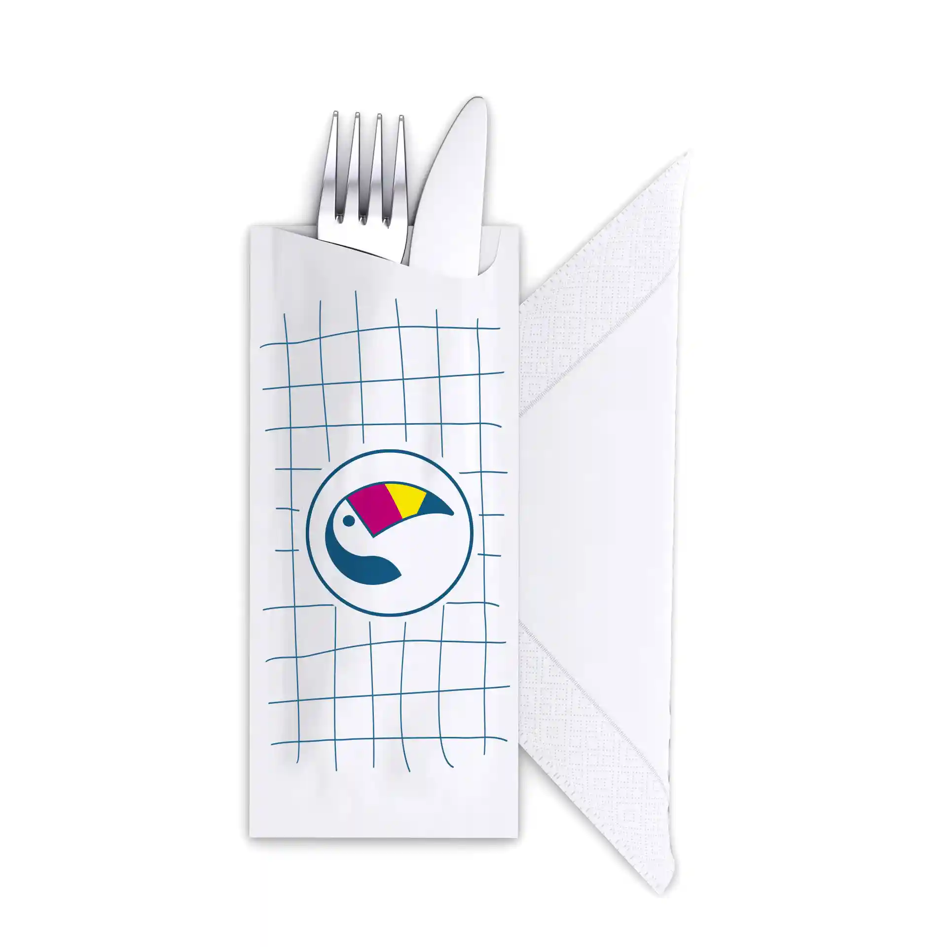 Cutlery pouch with a grid pattern and a toucan design, containing a fork and a knife, with a white napkin.