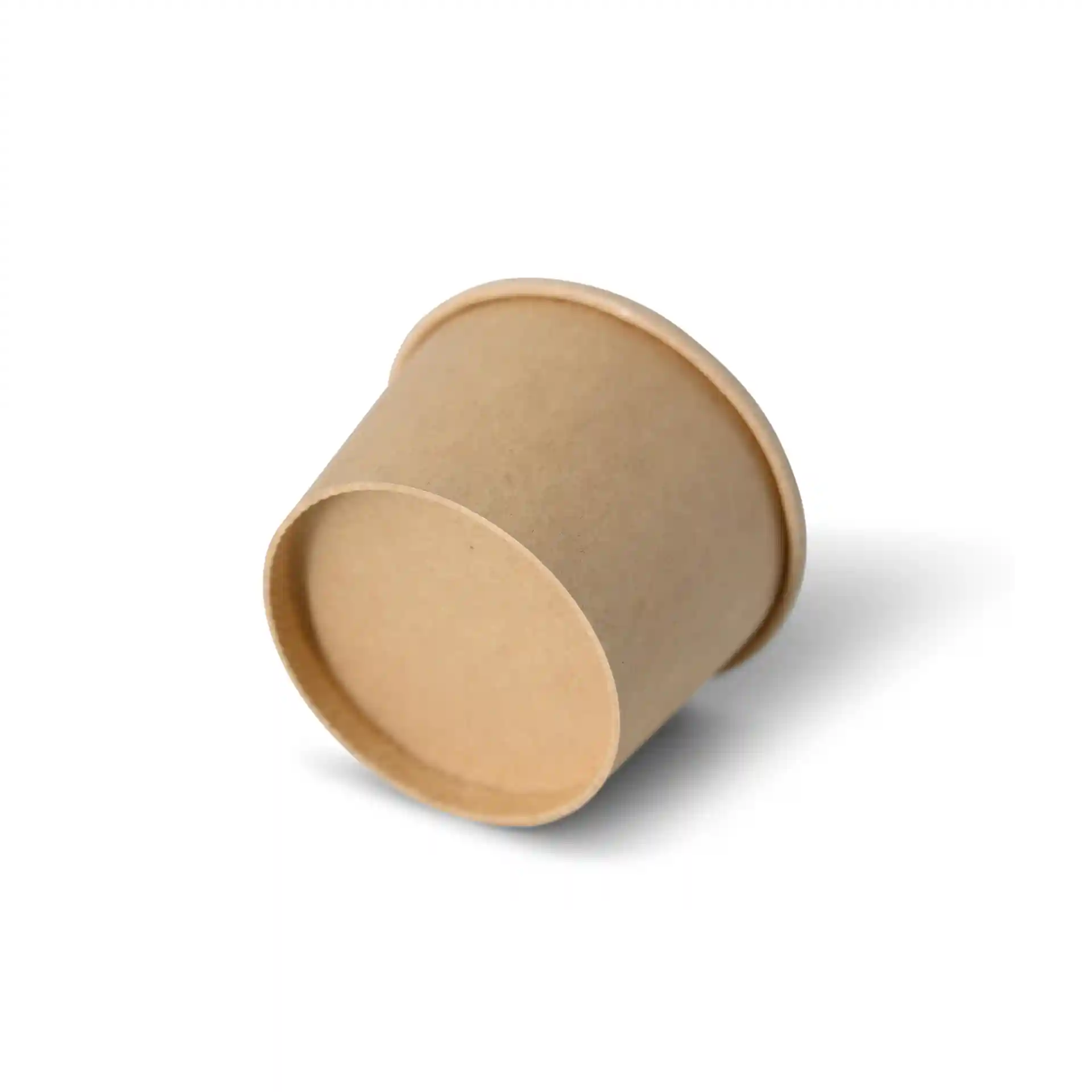 Brown paper portion cup with a diameter of 62 mm and height of 40 mm, featuring an eco-friendly coating.