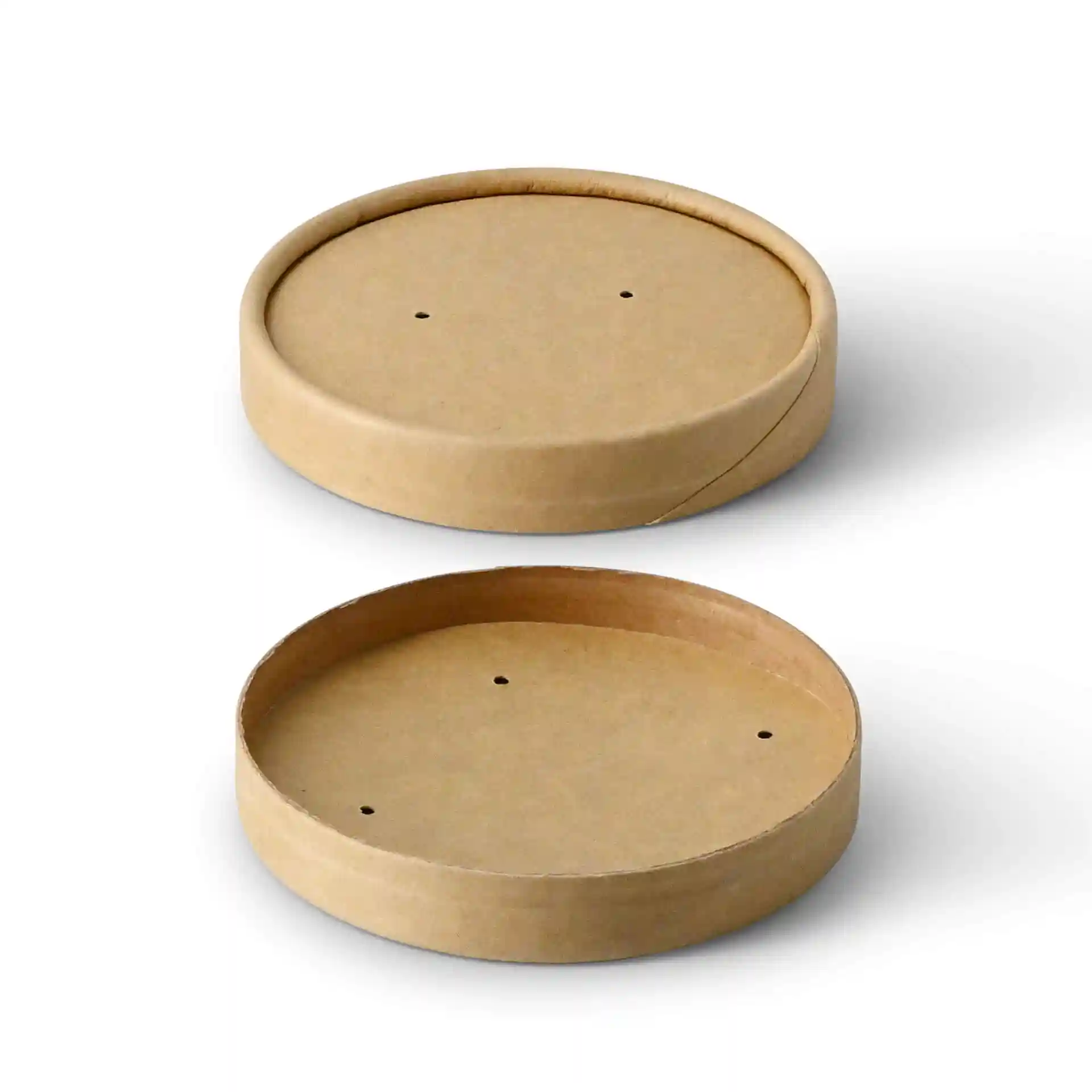 Round cardboard lids in brown, with a diameter of 90 mm and height of 15 mm, showing two pieces with holes.