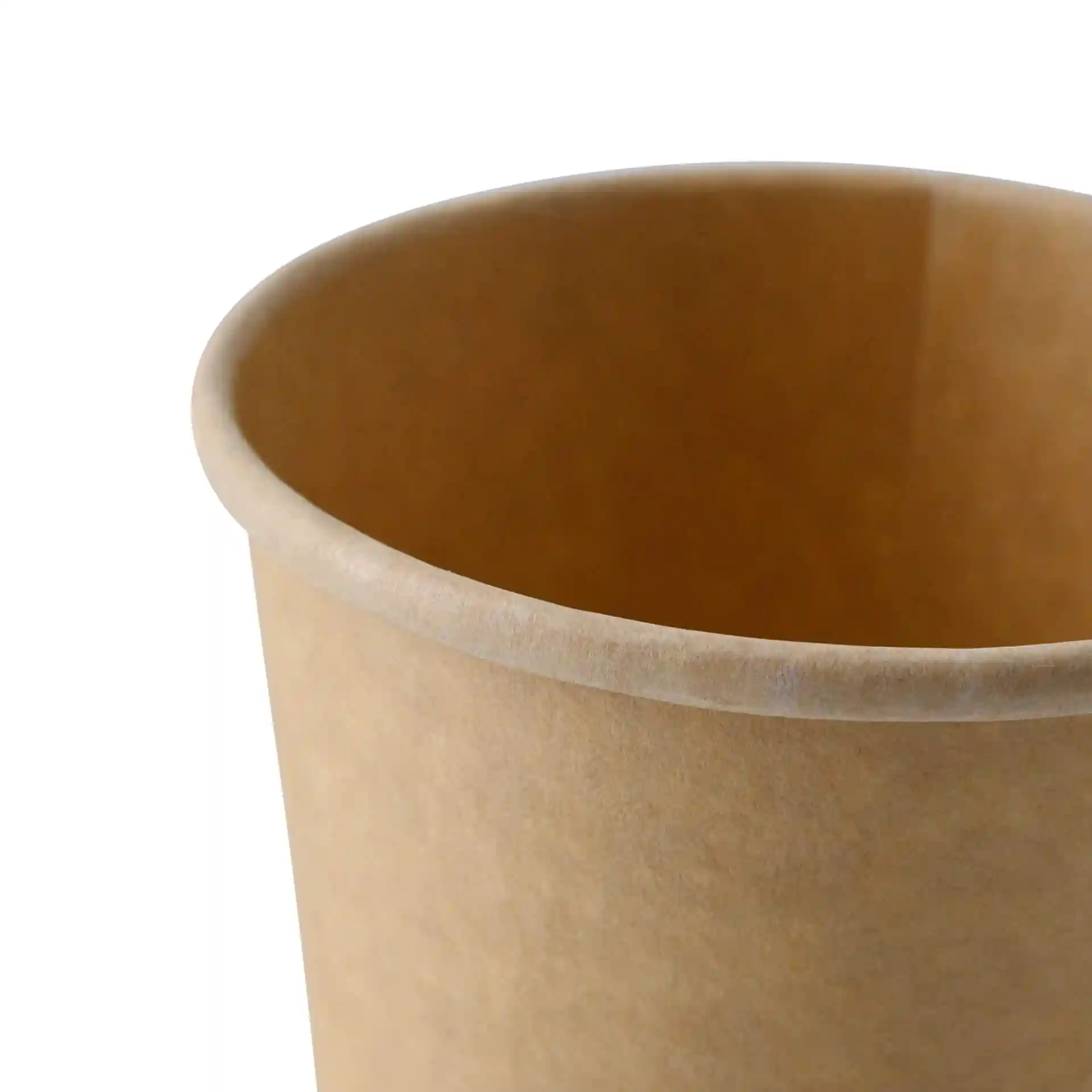 Close-up of a round brown cardboard soup cup with a visible inner surface and a smooth rim.
