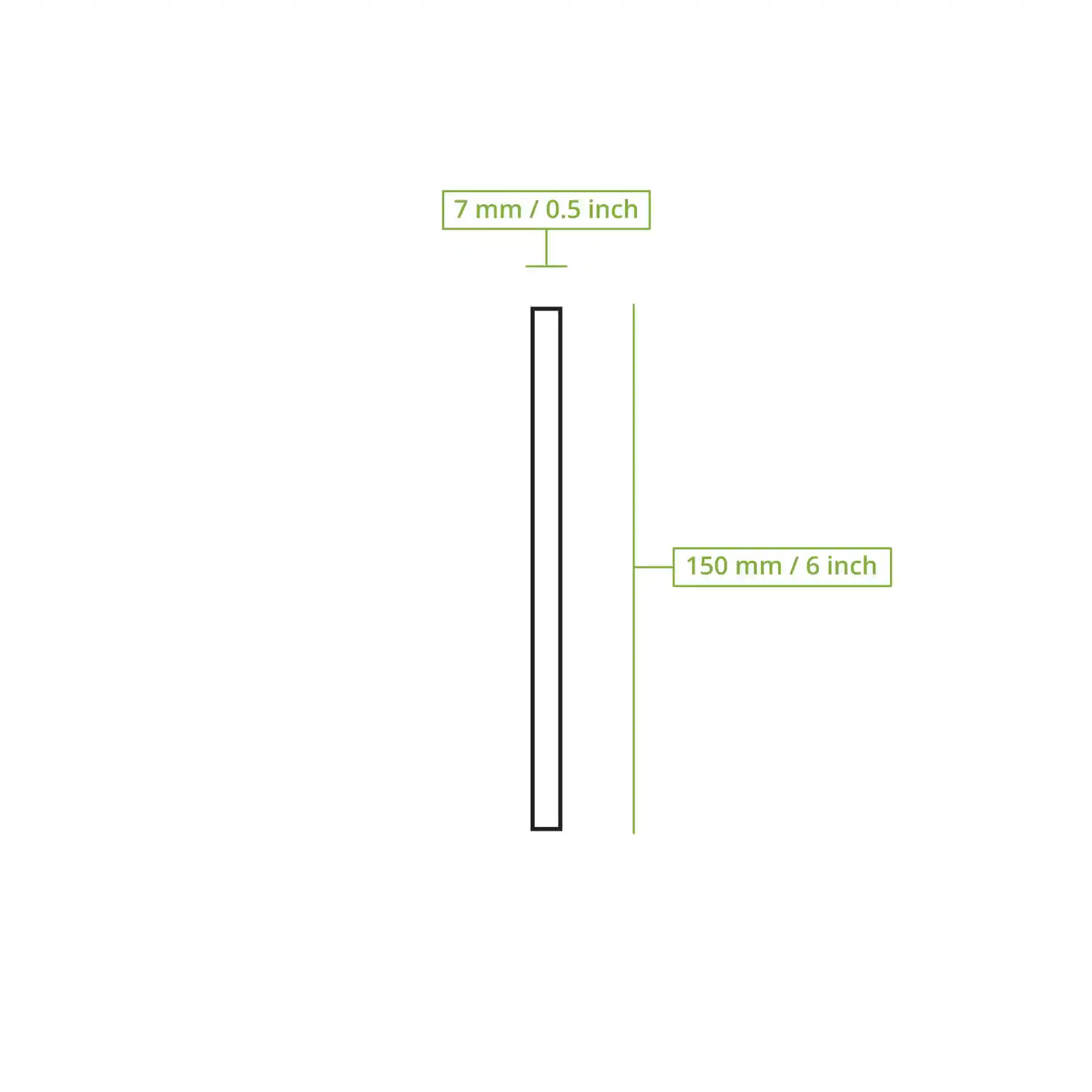 Schematische Zeichnung eines schwarzen Papiercocktailstrohhalms mit einer Länge von 150 mm und einem Durchmesser von 7 mm.