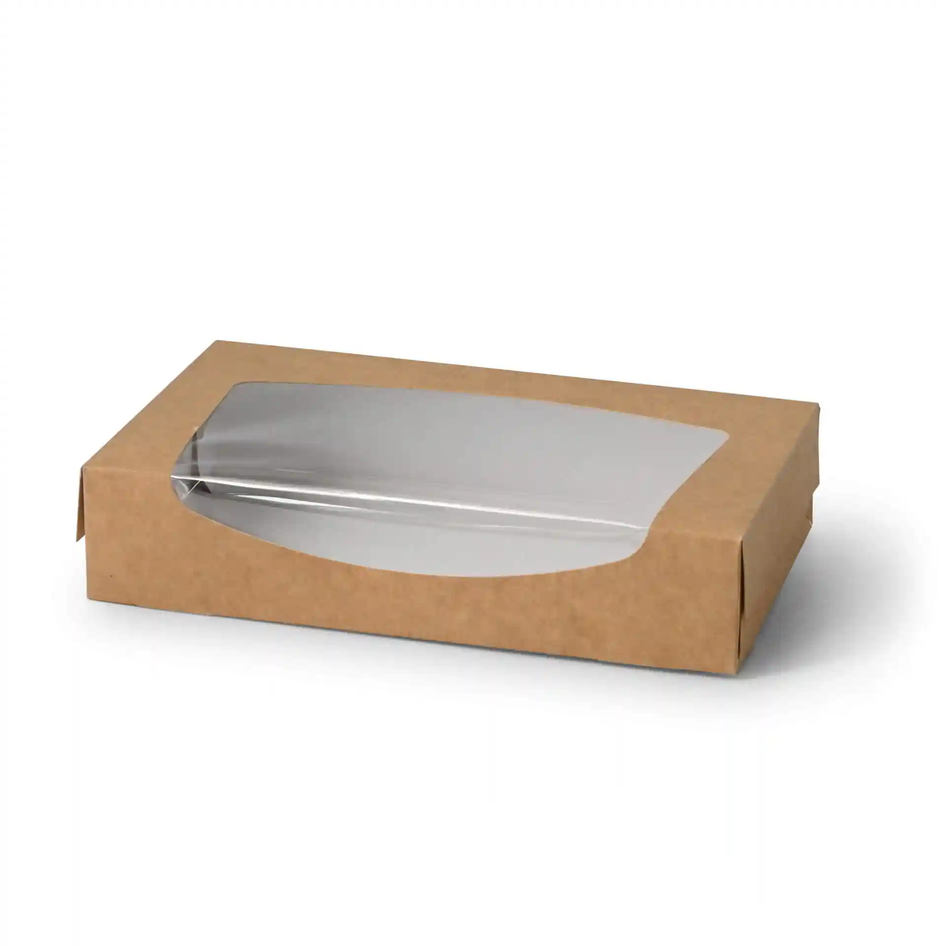 Braune Kartonfensterbox mit klarem Zellulosefenster, rechteckig, 20 x 12 x 4 cm groß.