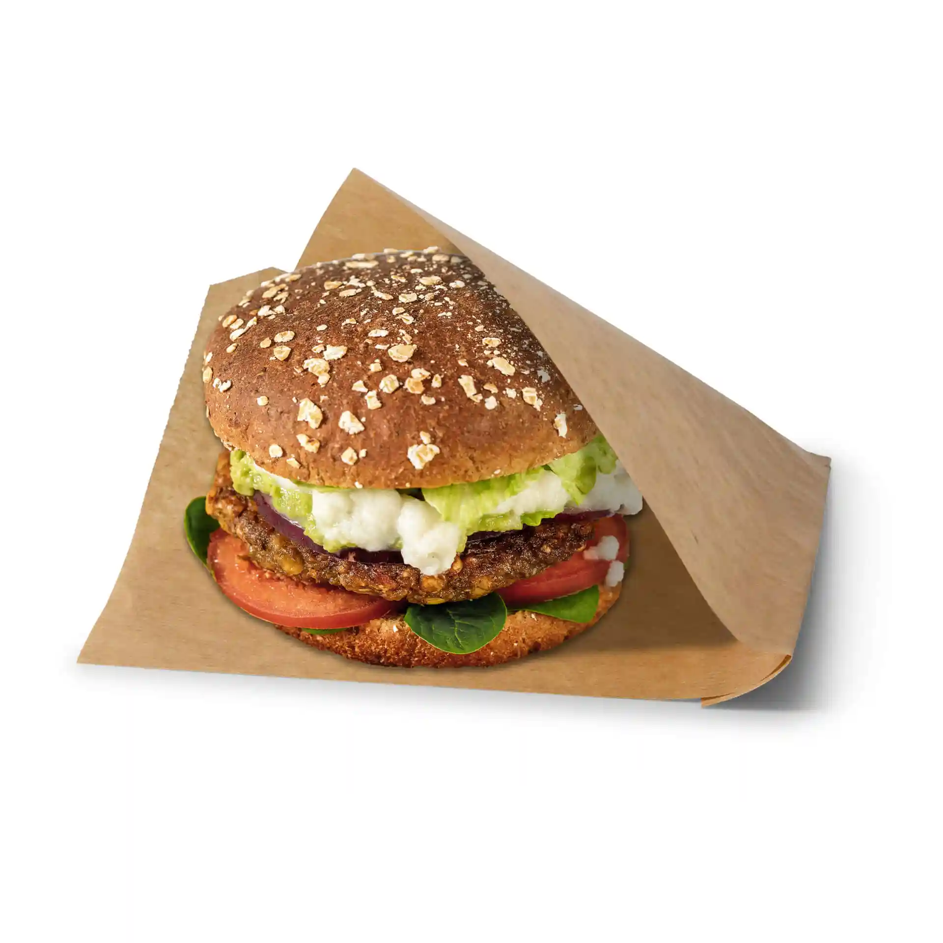 Braune Papiertüte mit einem Hamburger, Haferflocken auf dem Brötchen, Salat, Tomate und einem Fleischpatty.