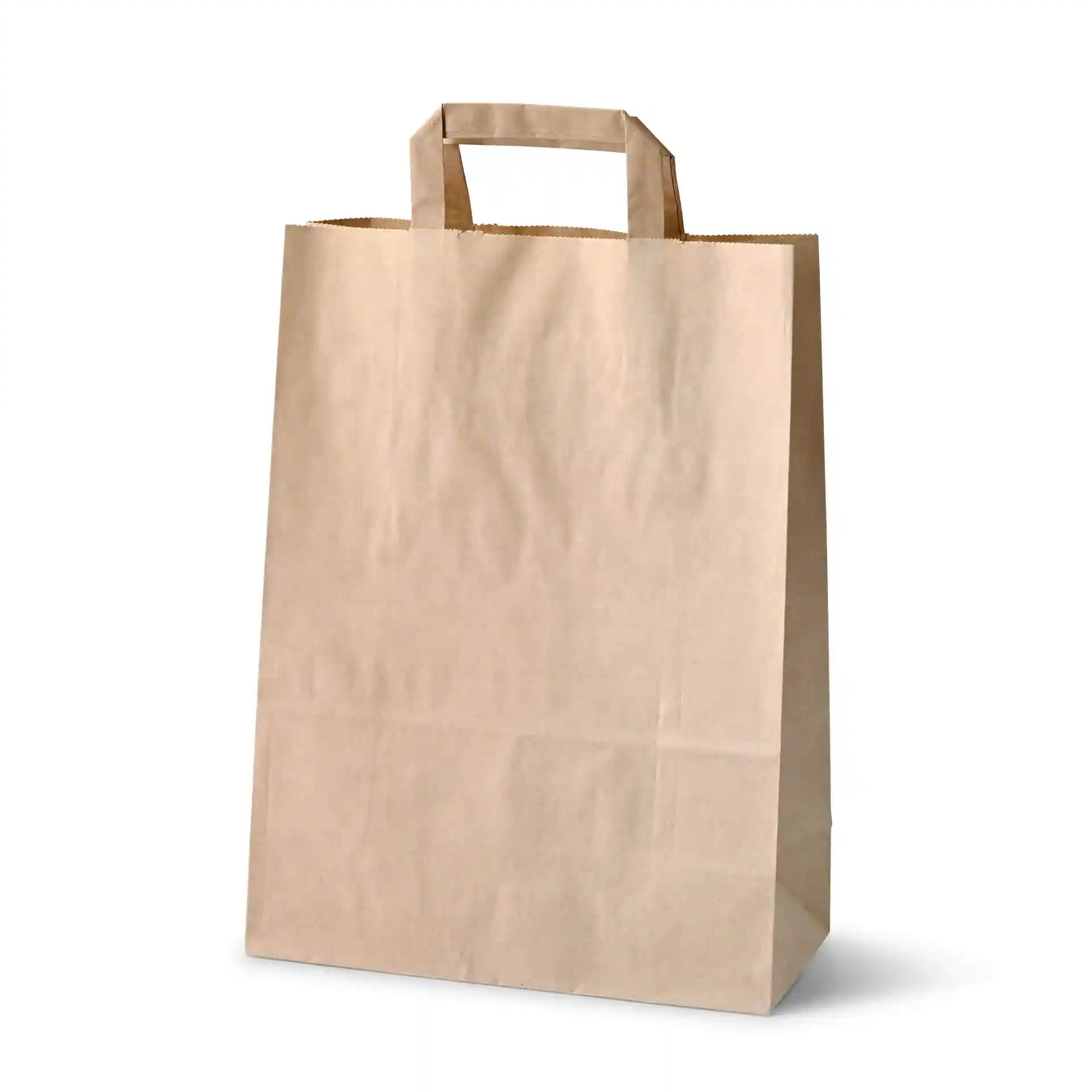 Braune Kraftpapiertasche mit rechteckiger Form und einem oberen Griff, 26 x 12 x 35 cm groß.