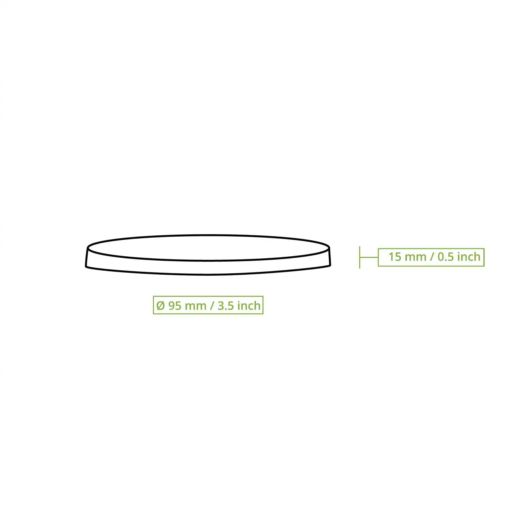 Schematic drawing of a round lid with a diameter of 95 mm and a height of 15 mm.
