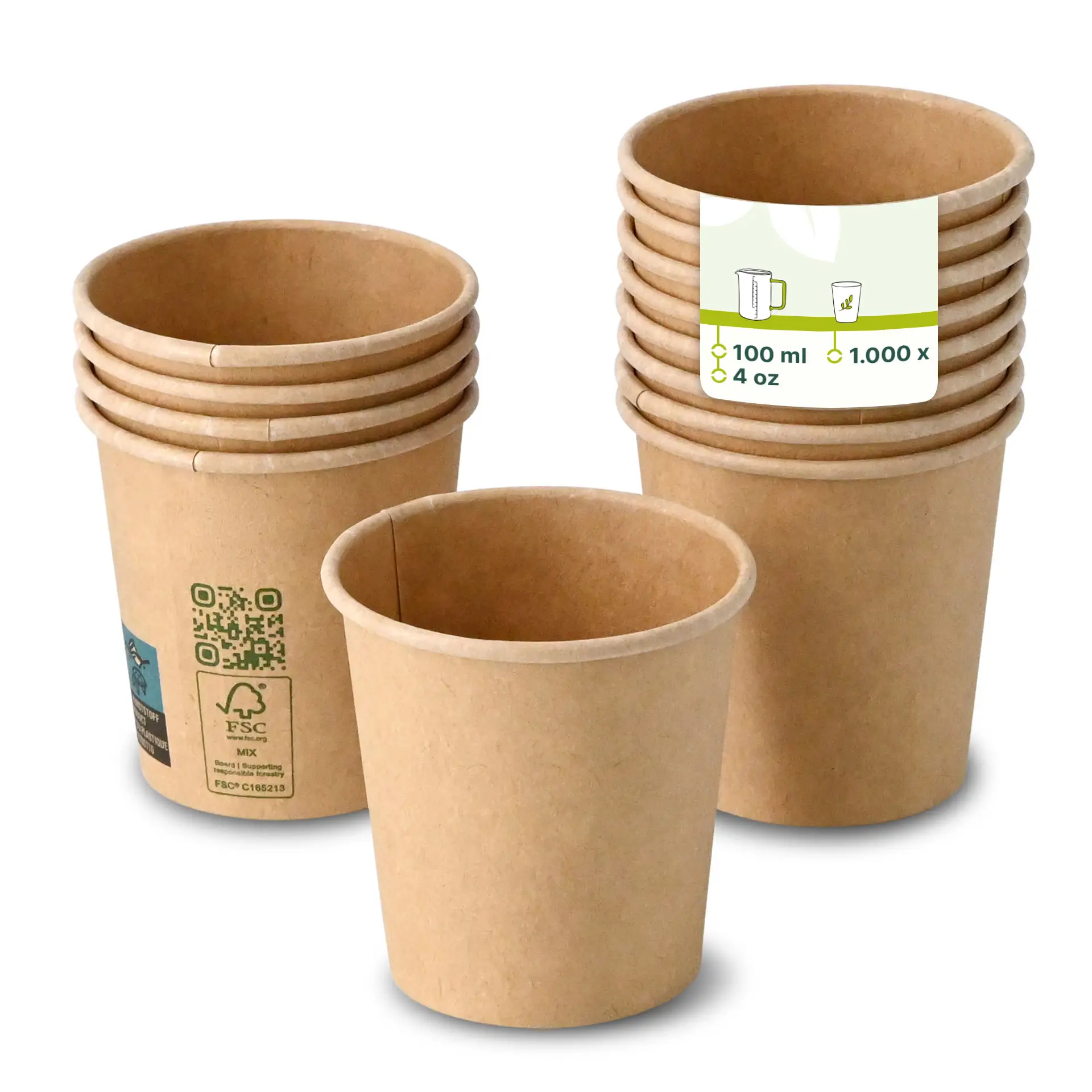 Brauner Einwandbecher, 100 ml / 4 oz, PLA-beschichtet für heiße und kalte Getränke; mehrere Becher gestapelt mit sichtbarem Etikett.