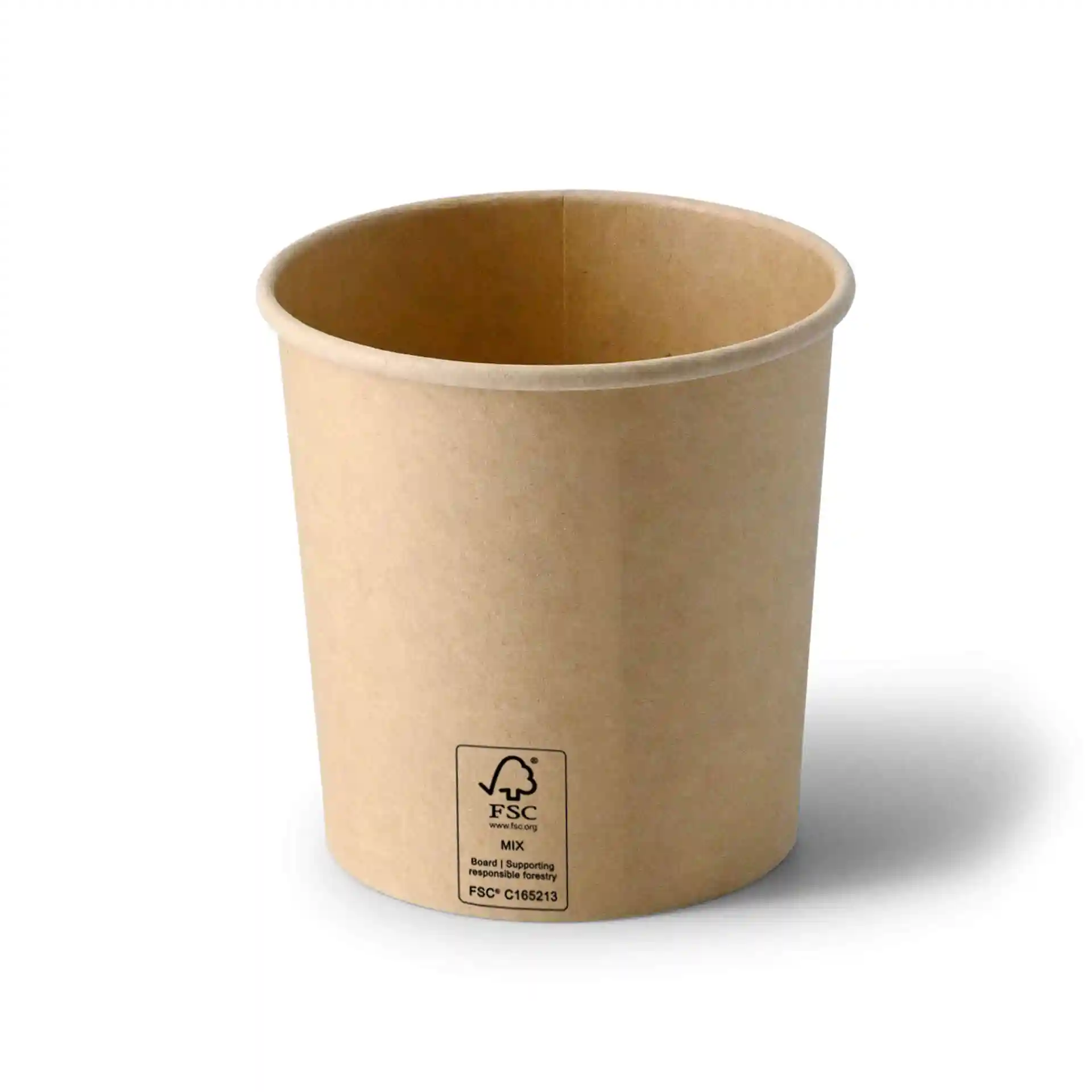 Brauner Pappbehälter für Takeaway-Suppe, 12 oz, runde Form, mit sichtbarem Etikett an der Seite.