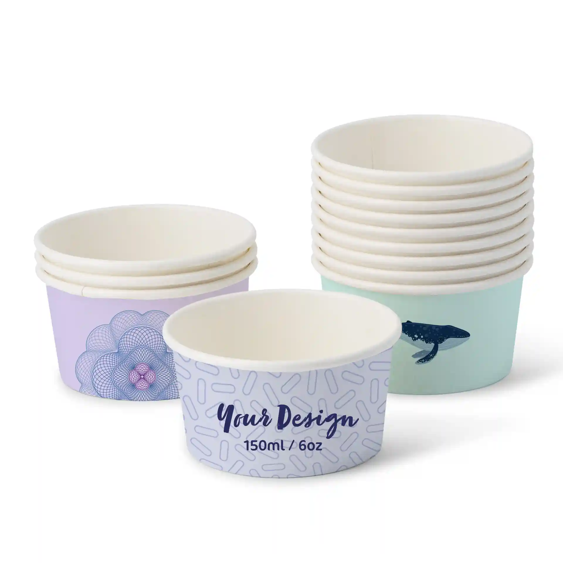 Round ice cream cups in various designs, including a purple floral pattern and a whale, stacked on a white background.