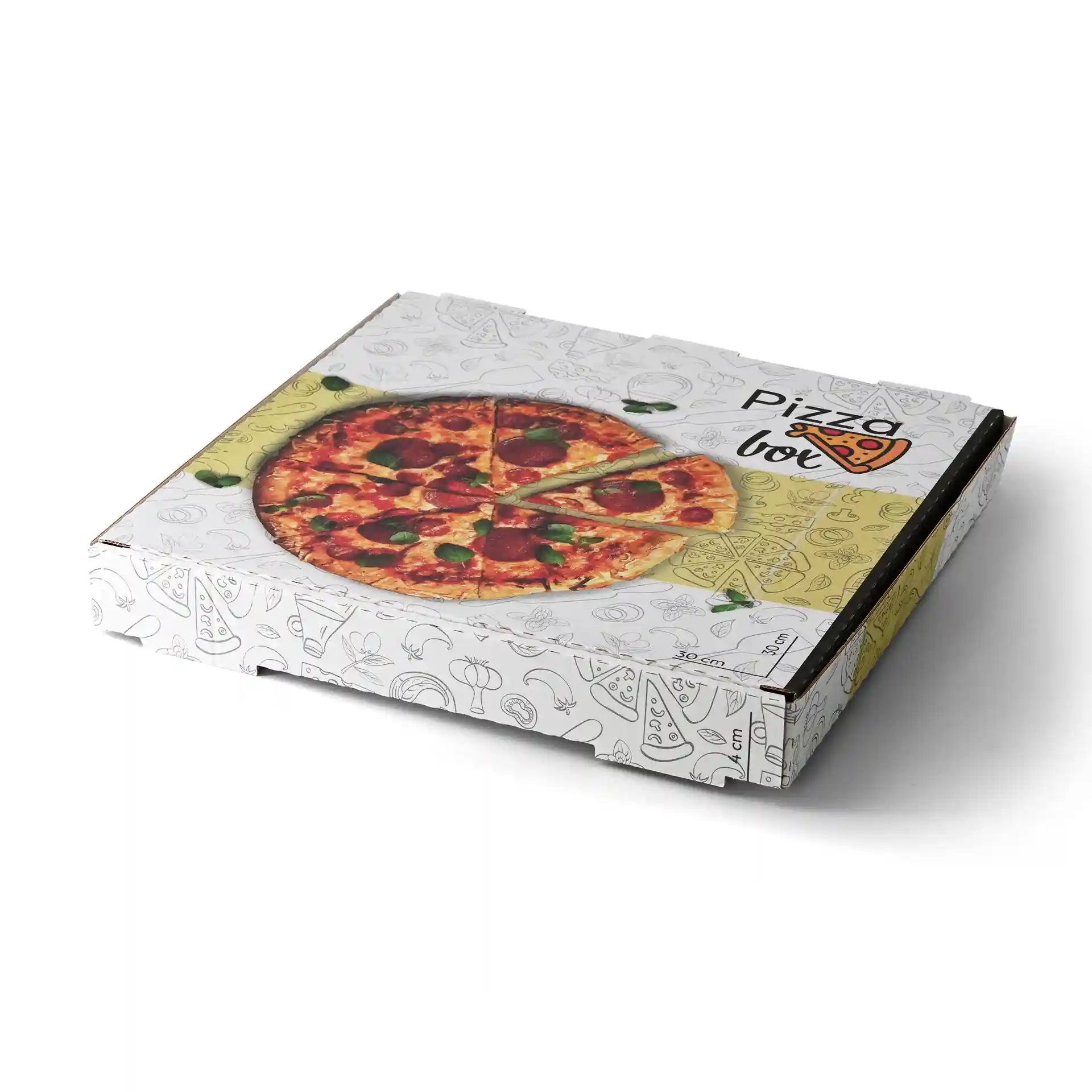 Pizzaschachtel mit Druckdesign, Maße 30 x 30 x 4 cm, mit einer Pizzagrafik auf dem Deckel.