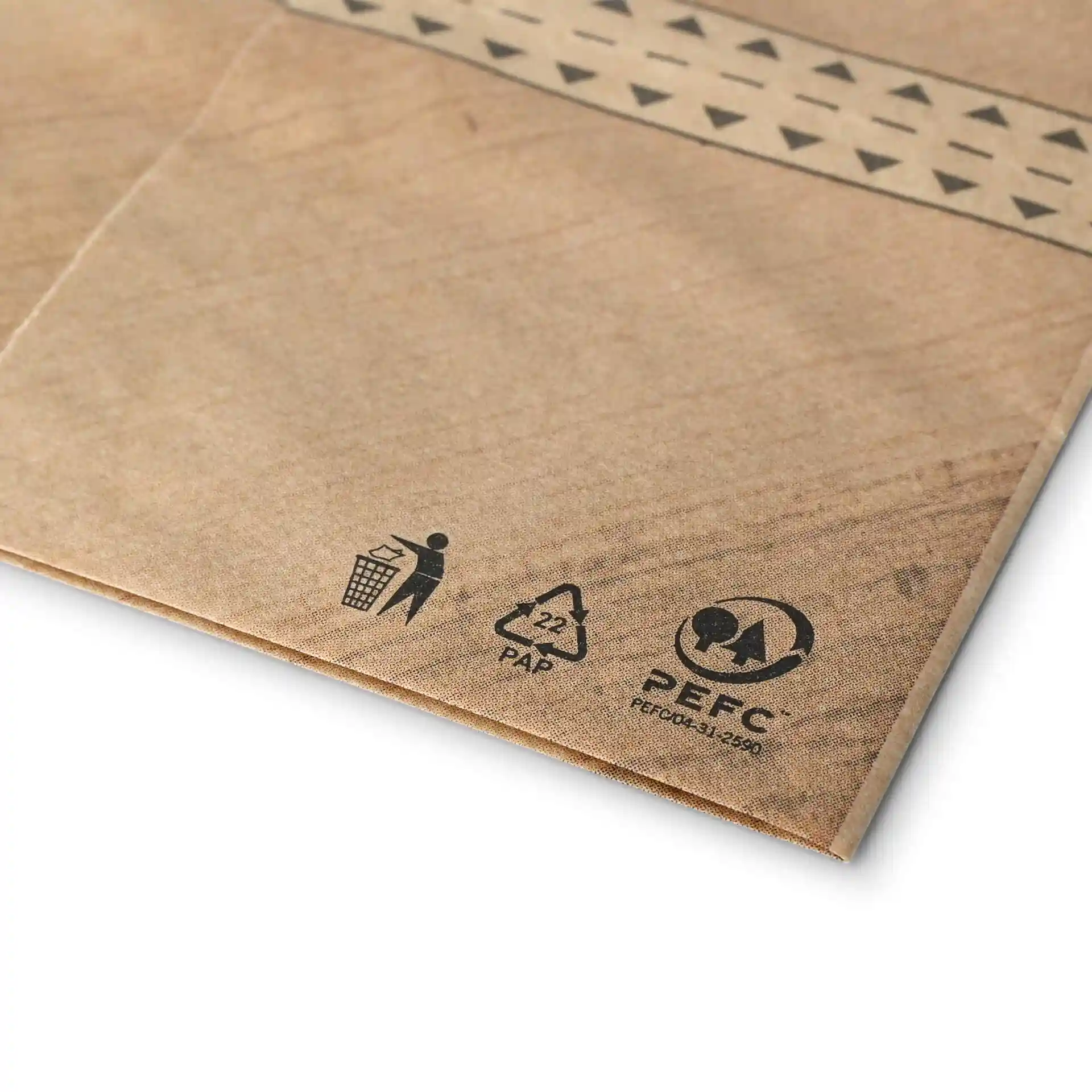 Bild einer Kraftpapier-Burger-Tüte mit Druckdesign und Klebeverschluss, zeigt Recycling-Symbole und ein Zertifizierungszeichen.