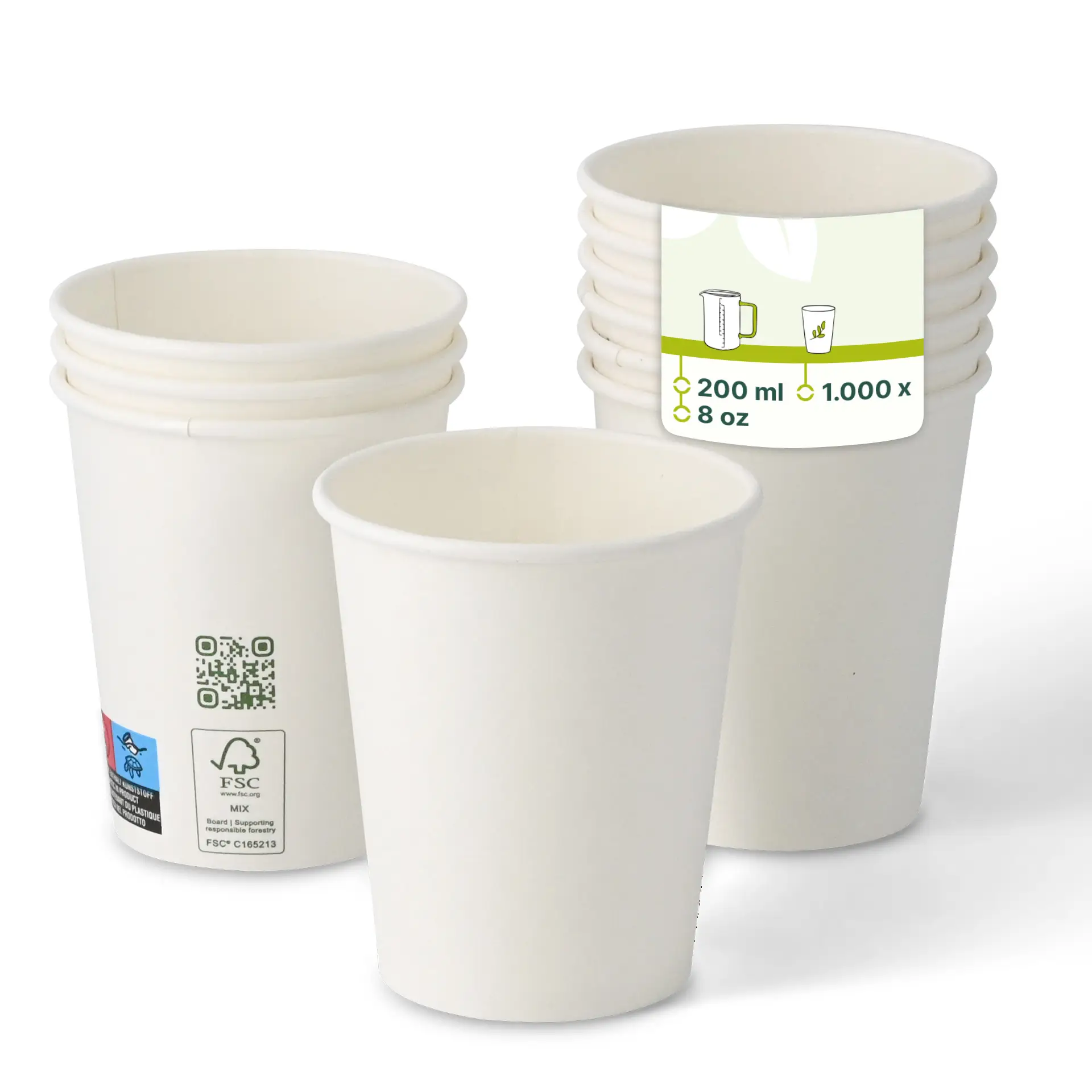 One white paper cup, 200 ml capacity, with PLA coating; several similar cups in the background with reduced opacity.