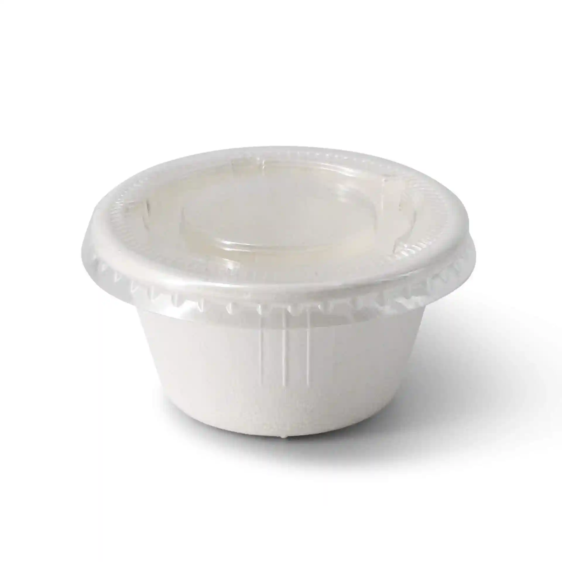 White bagasse dip bowl with a clear lid, 62 mm diameter and 32 mm height.