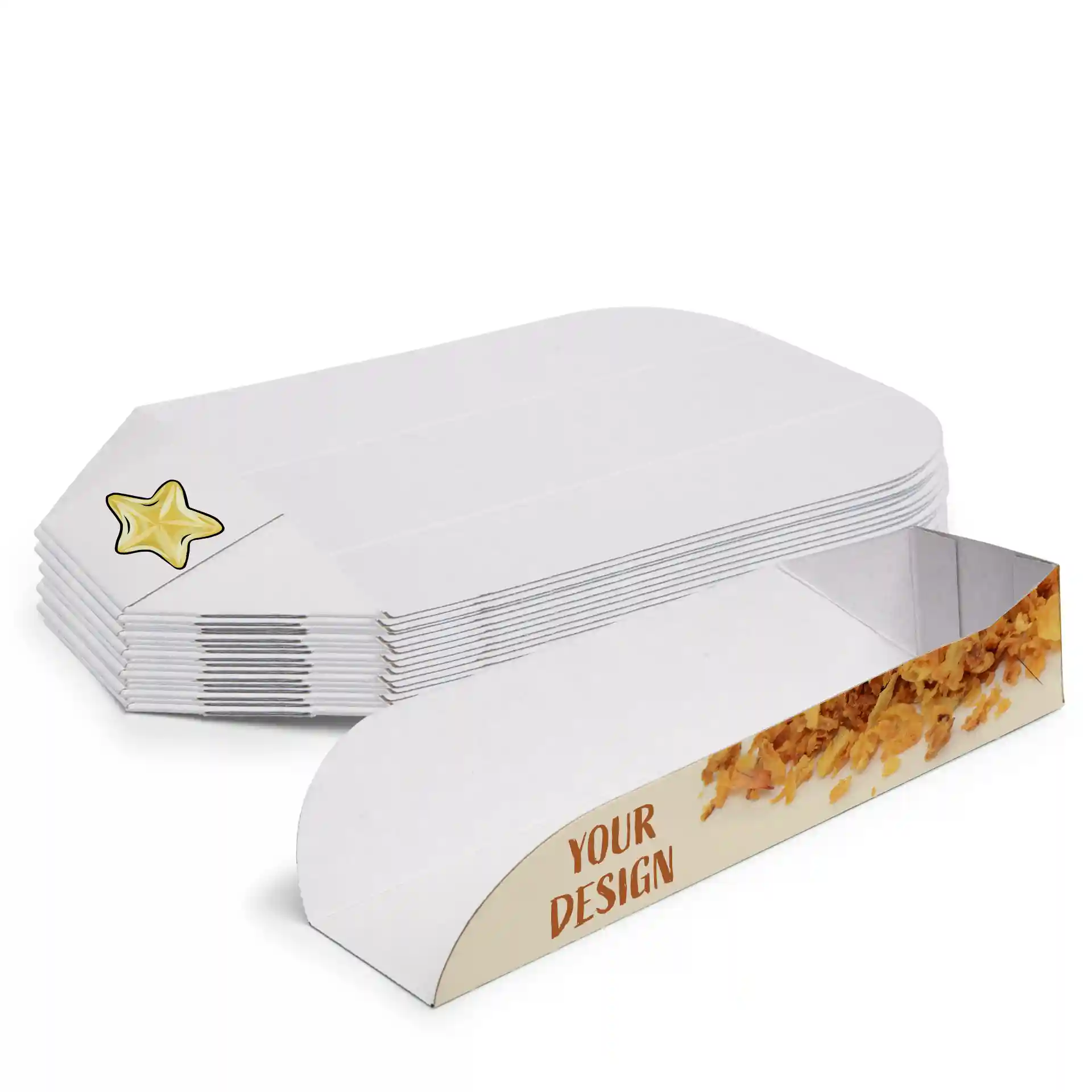 White hot dog packaging with a star design on one end and a customizable area on the side.