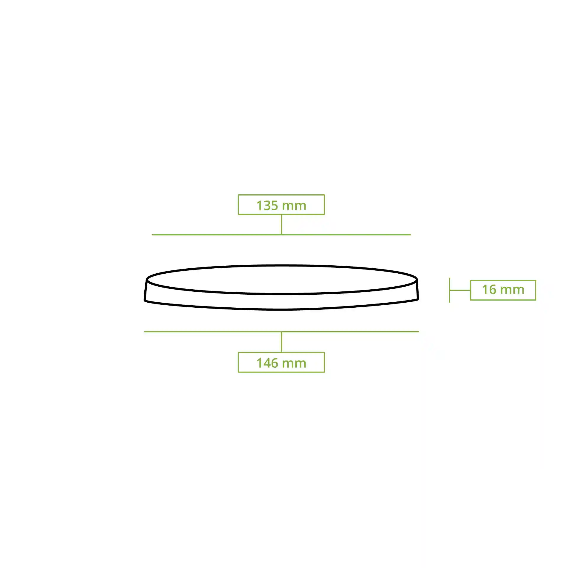 Schematic drawing of a round lid with dimensions: top diameter 135 mm, bottom diameter 146 mm, height 16 mm.