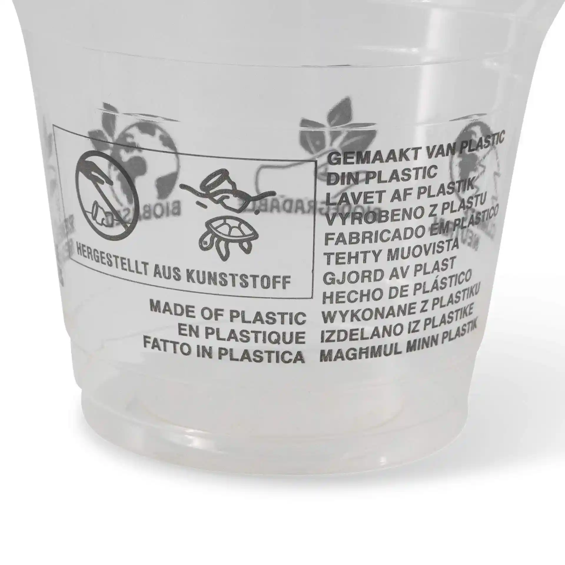 Transparent 8 oz PLA smoothie cup with printed labels and symbols, showing various languages and recycling information.
