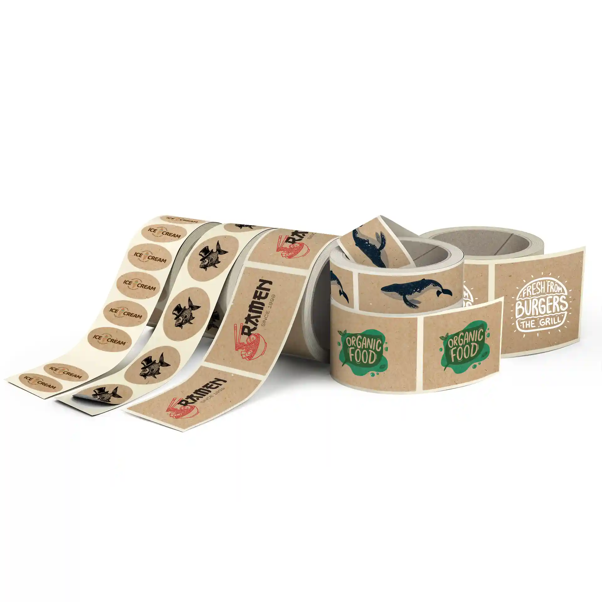 Roll of printed labels on brown matte kraft paper, featuring various designs and round shape, 6 cm in diameter.