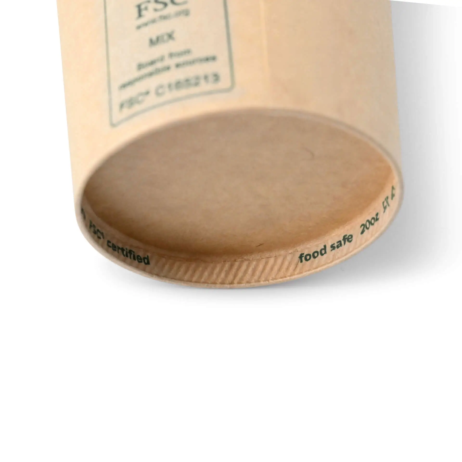 20 oz brown paper cup with PE-coating; visible text includes "FSC certified", "home compostable", and "food safe".