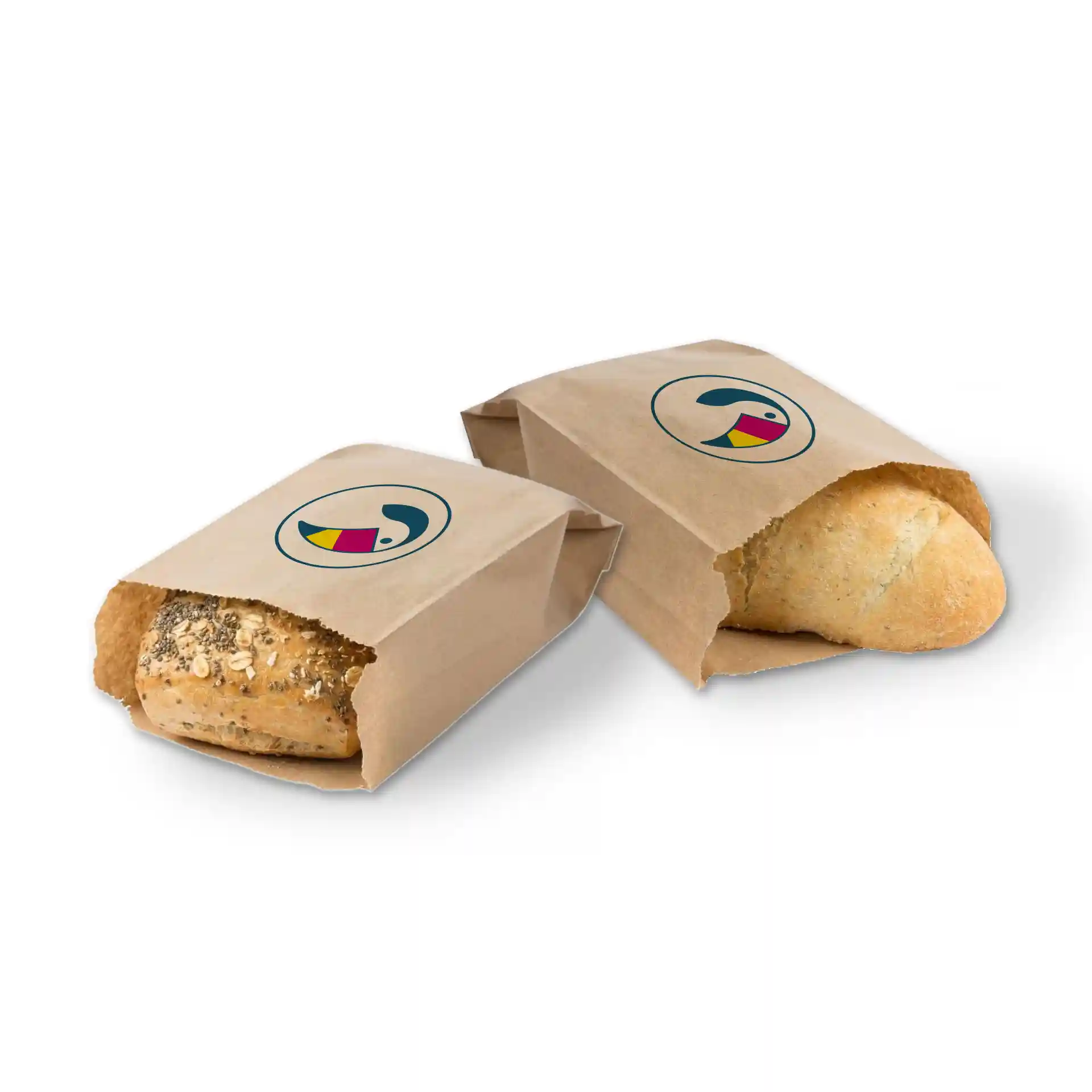 Brown cardboard bread bags with a logo, one containing a seeded roll and the other a white roll.