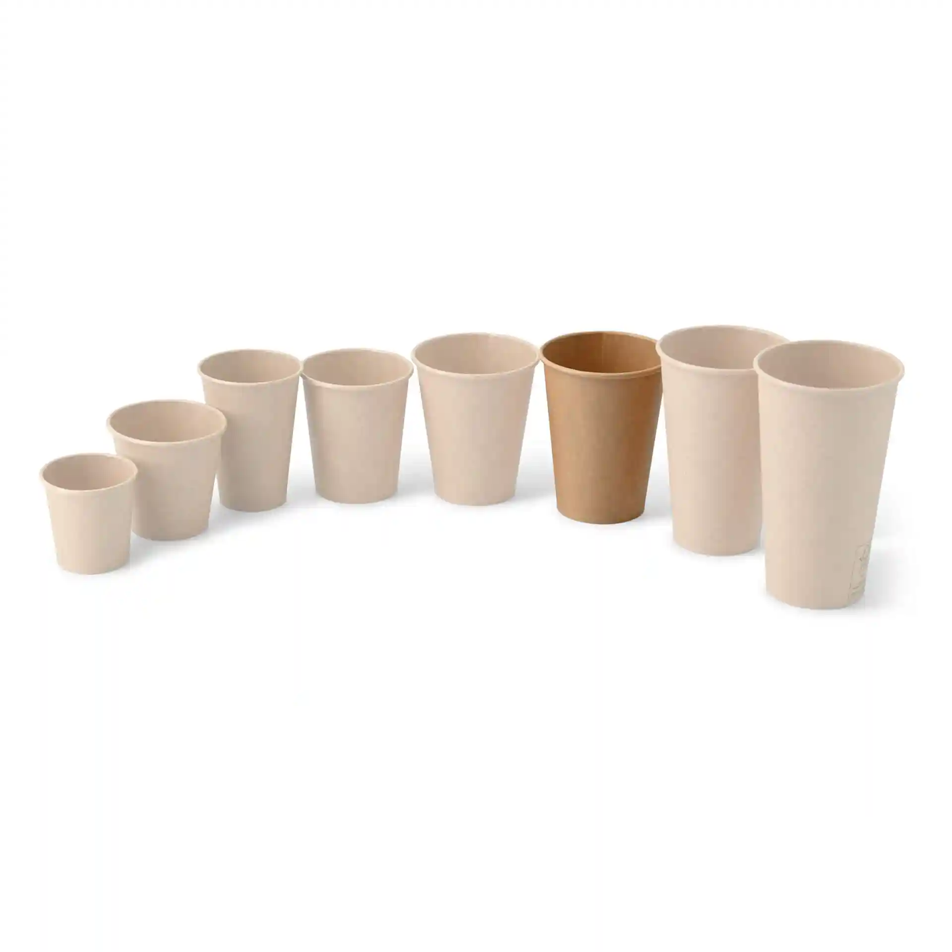 Set of eight paper cups in various sizes, including one brown cup, arranged in a row on a white background.