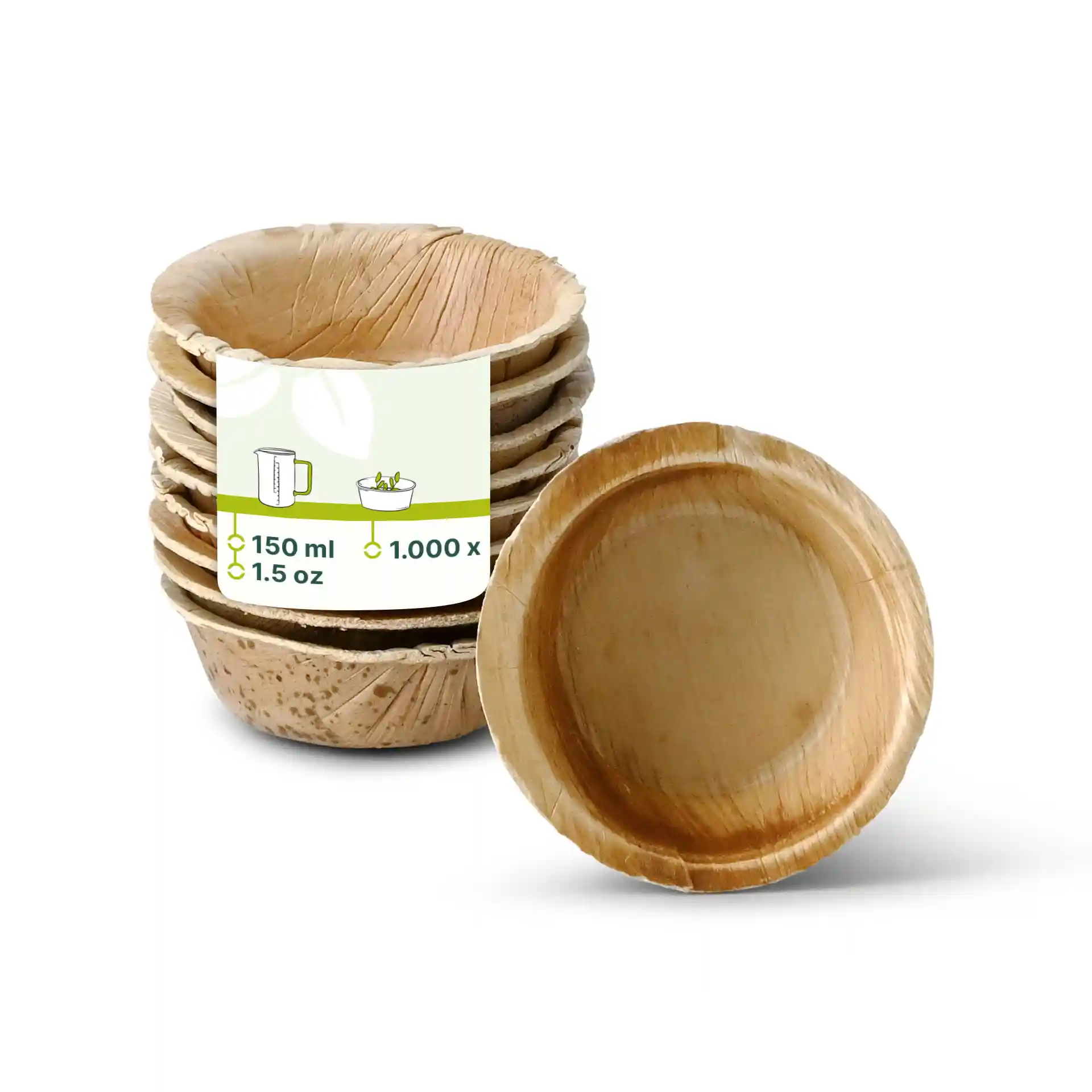 Stack of round palm leaf dip bowls with one bowl in front, showing a natural grain texture.