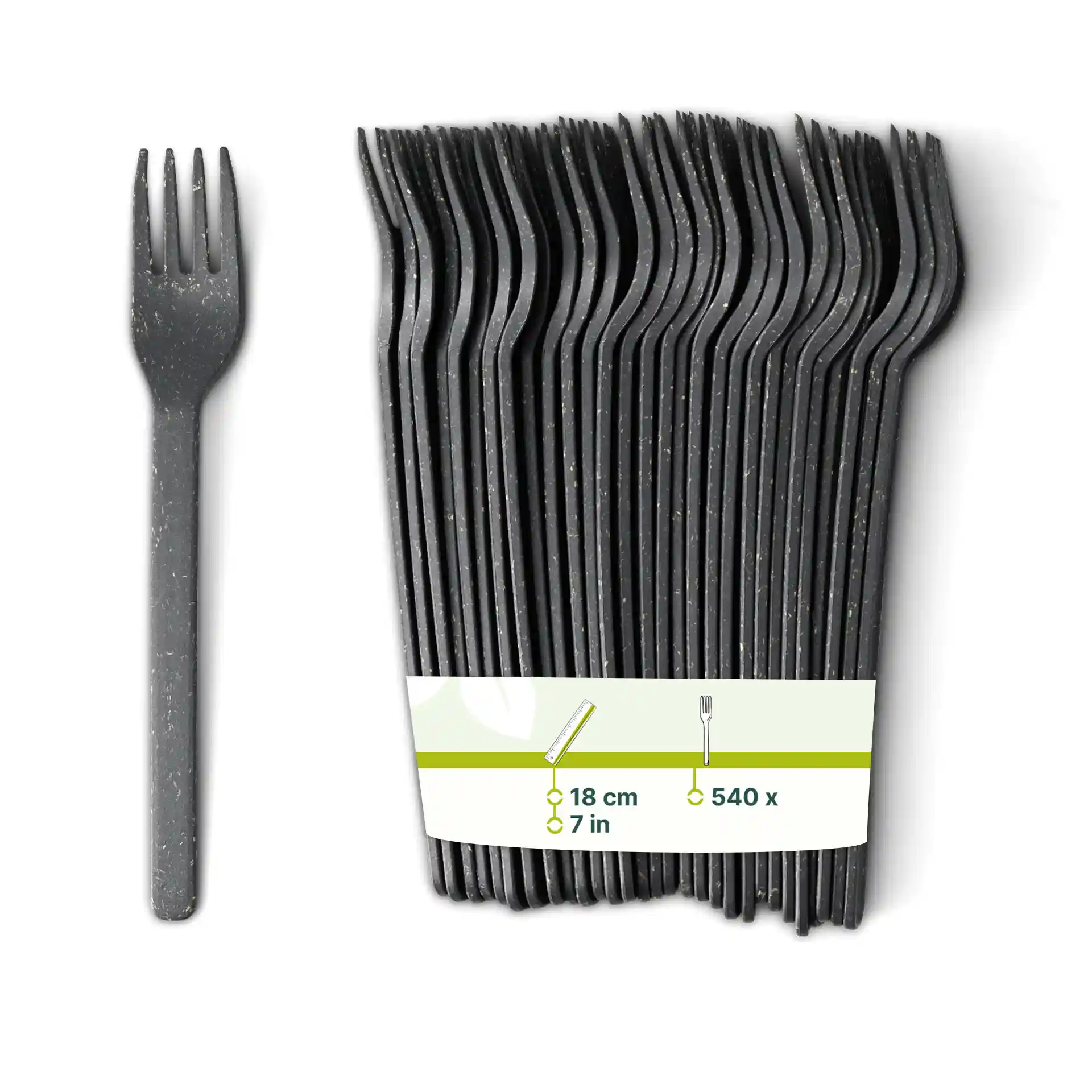 Black reusable forks arranged in a stack, with one fork displayed separately, made from a bio compound material.