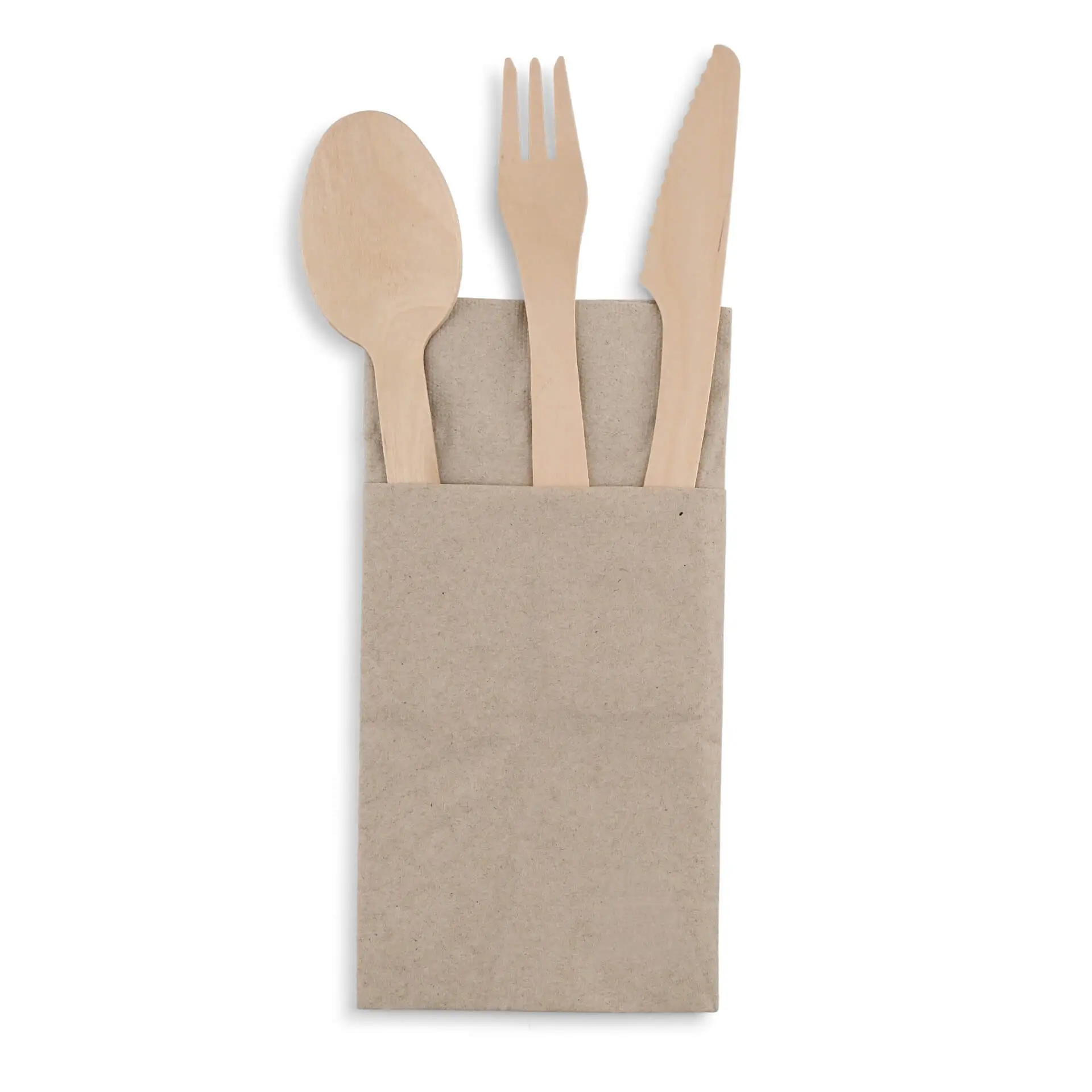 Wooden spoon, fork, and knife in a brown paper pouch with a recycled symbol on the bottom.