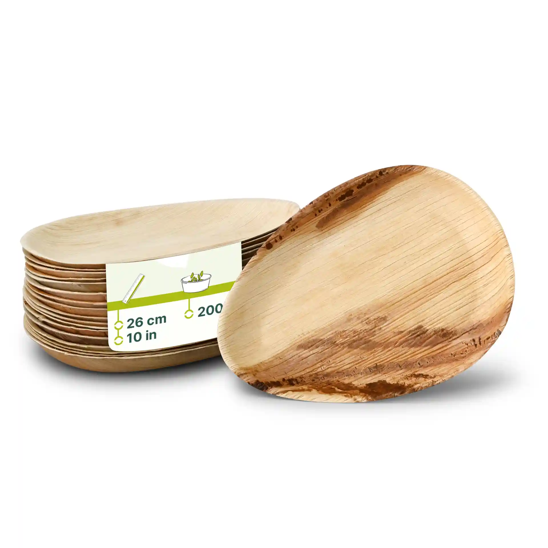 Set ovaler Palmblattplatten, 26 cm lang, mit einem Etikett, das Maße und Menge zeigt.