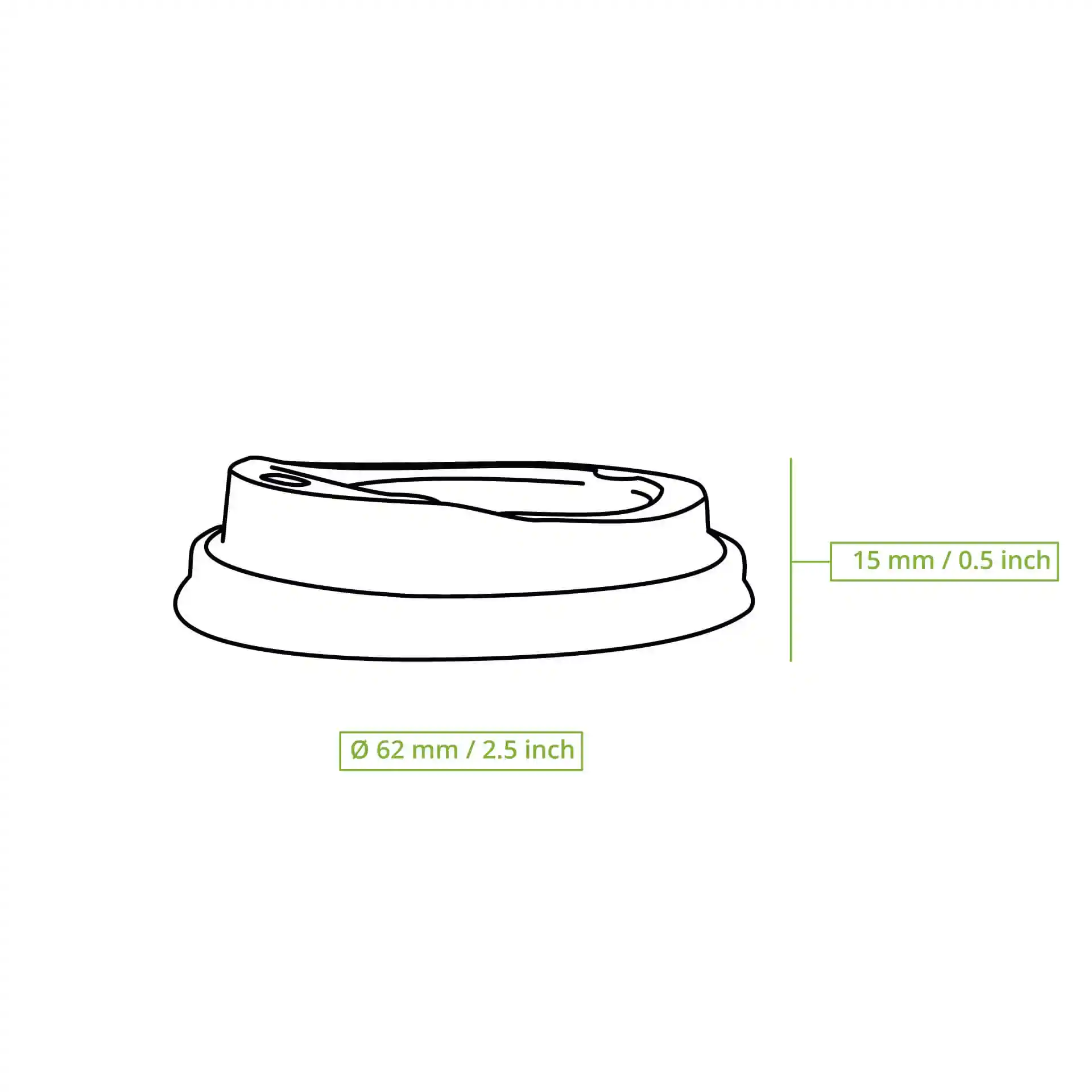 Schematic drawing of a white CPLA lid with a drinking hole, dimensions 62 mm diameter and 15 mm height.