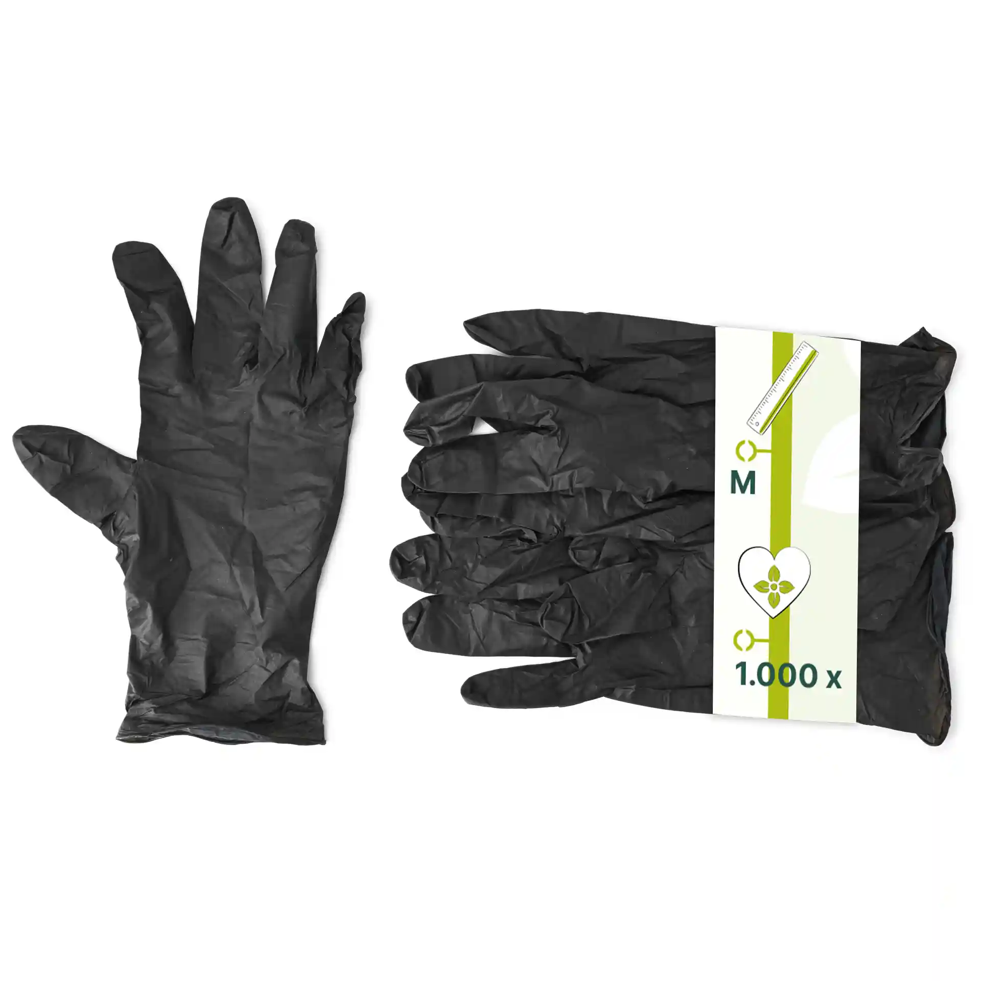 Black nitrile gloves in size M, with one glove shown and several folded in a pack.