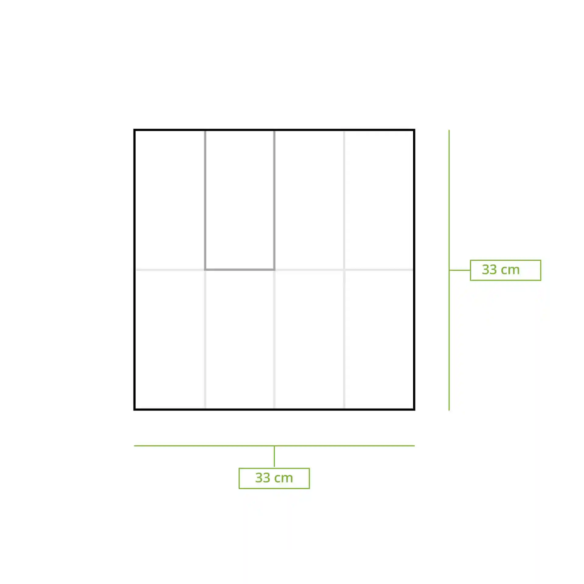 Schematic drawing of a square napkin with dimensions 33 cm by 33 cm and divided into eight sections.