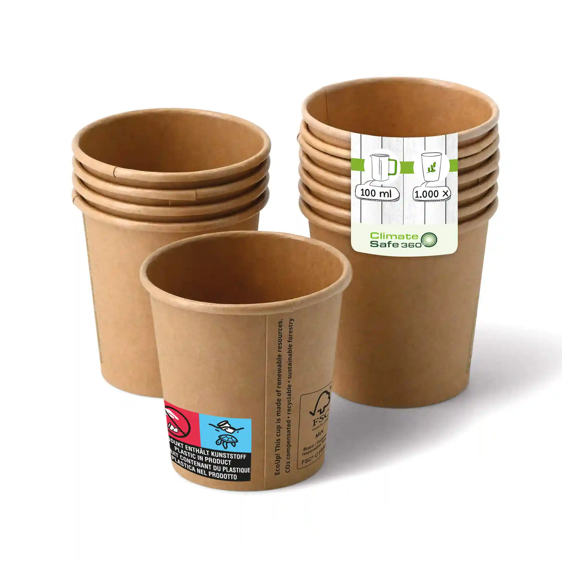 Braune Becher gestapelt, mit einem Becher vorne, der ein Etikett und ein Gesamtvolumen von 100 ml zeigt.