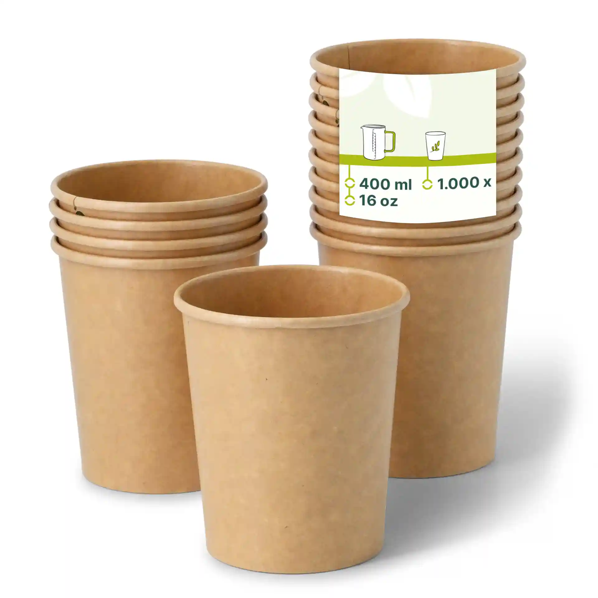 Braune Papiereisbecher in einem Stapel, mit einem Becher vorne und einem Etikett mit 400 ml und 16 oz Kapazität.