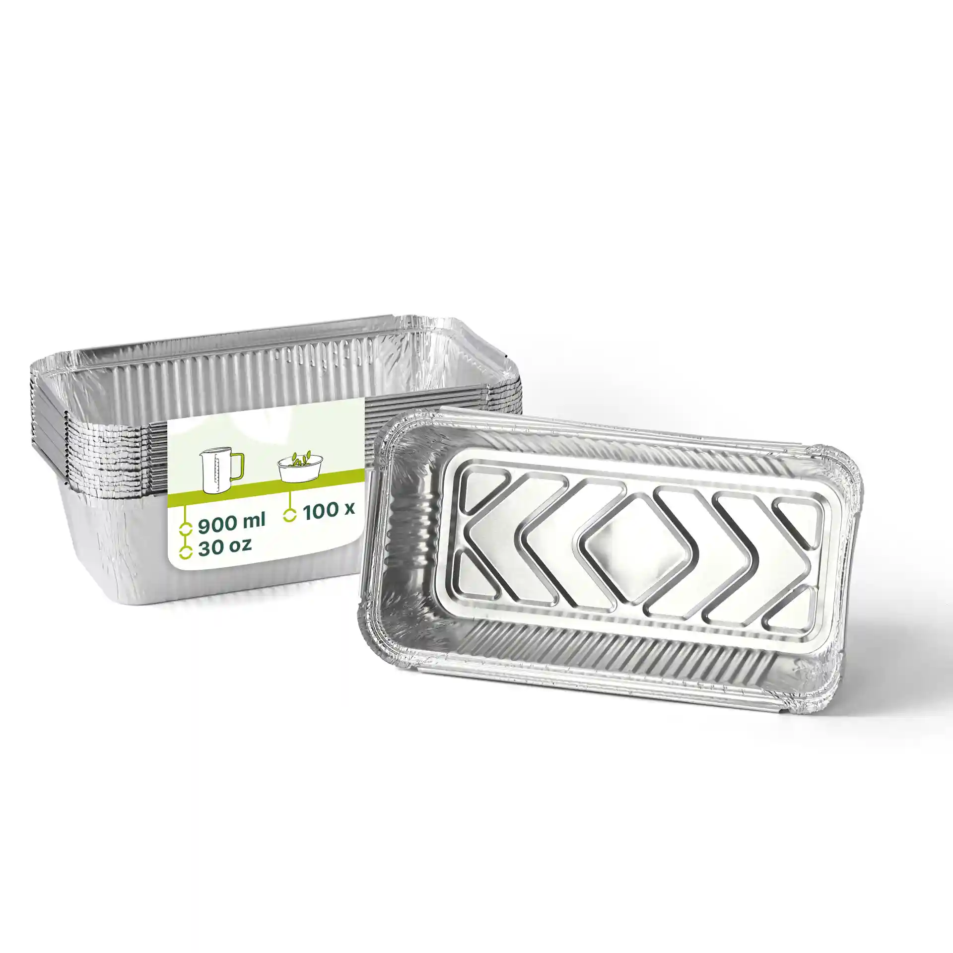 Rechteckiger Aluminiumbehälter, 21,8 x 11,3 x 5,4 cm, mit einem Fassungsvermögen von 900 ml, gezeigt mit mehreren gestapelten Behältern.