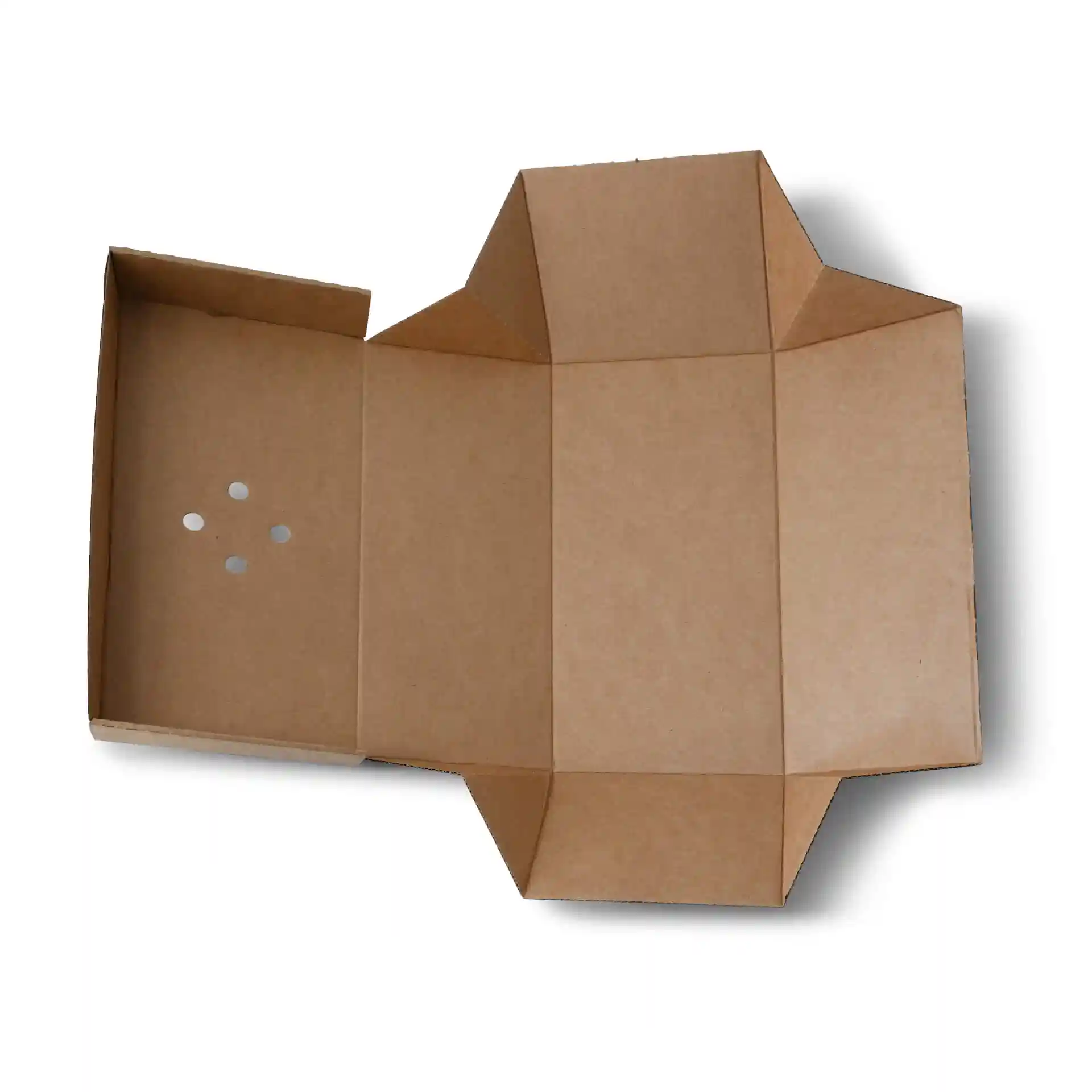 Collapsible brown cardboard takeaway double burger box, rectangular shape, with five circular holes on one side.