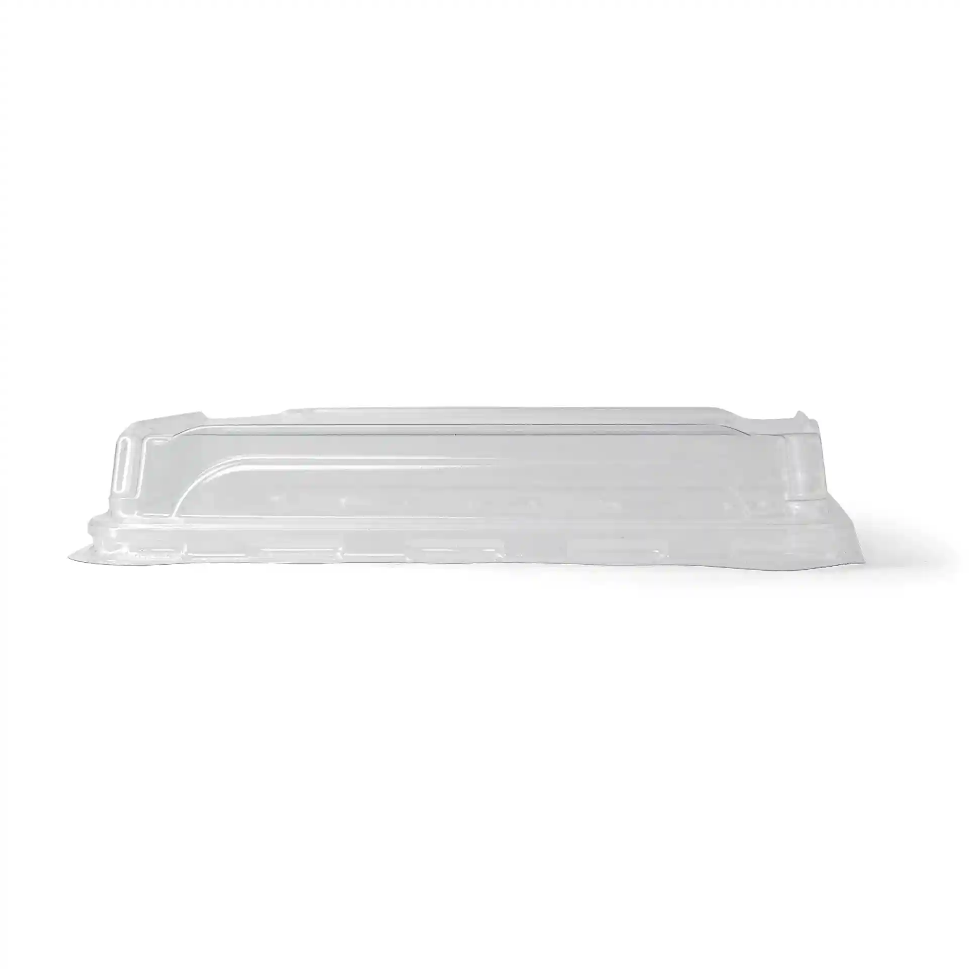 Transparenter PET-Deckel für Sushi-Boxen, 22 x 14 x 3 cm, seitlich auf einem schlichten Hintergrund gezeigt.