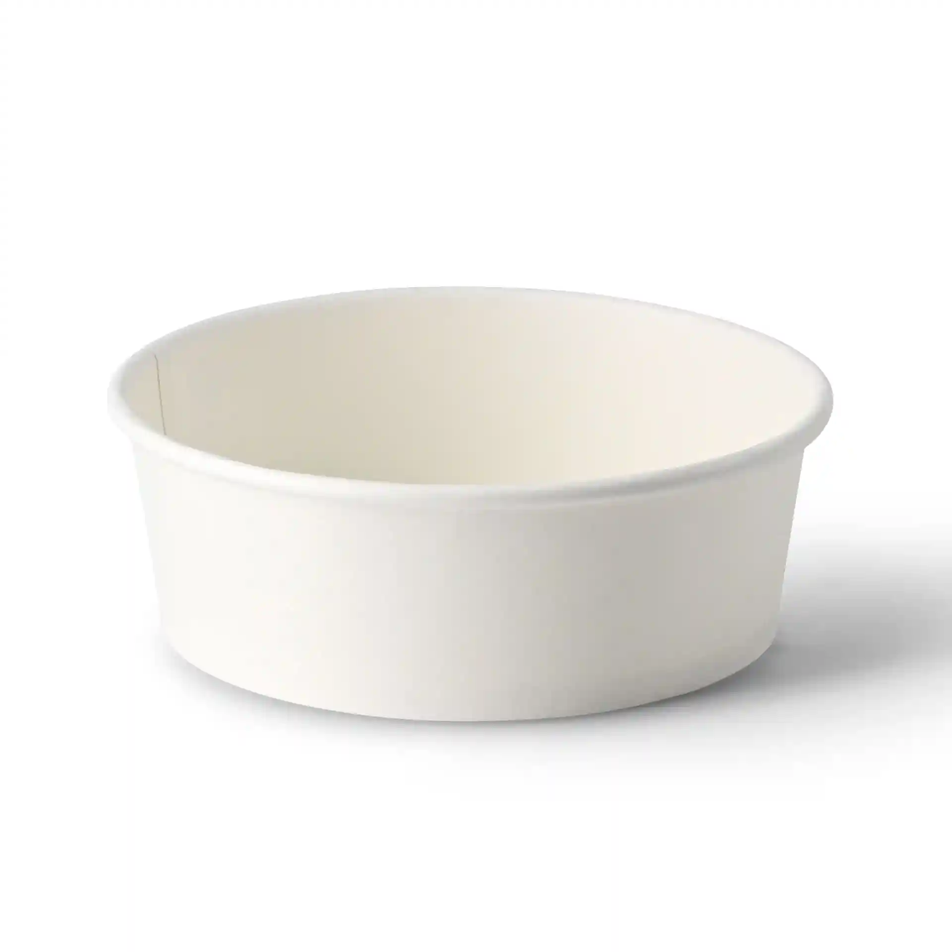 White round paper bowl with a diameter of 150 mm and a height of 52 mm, made of cardboard with a coating.