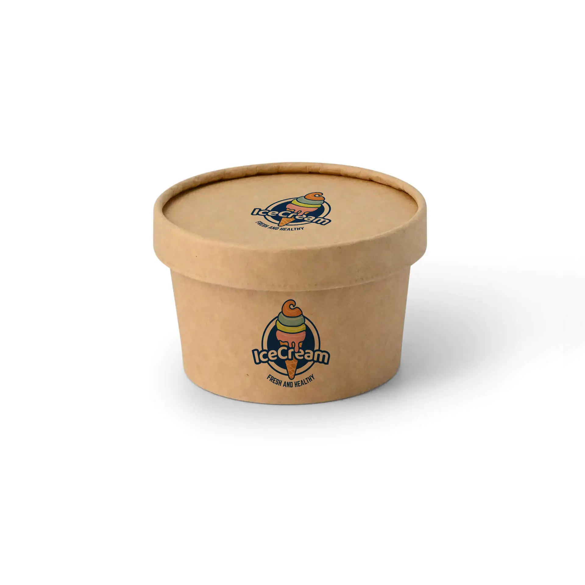 Custom printed brown ice cream cup with logo, 125 ml capacity, designed for ice cream parlours and events.