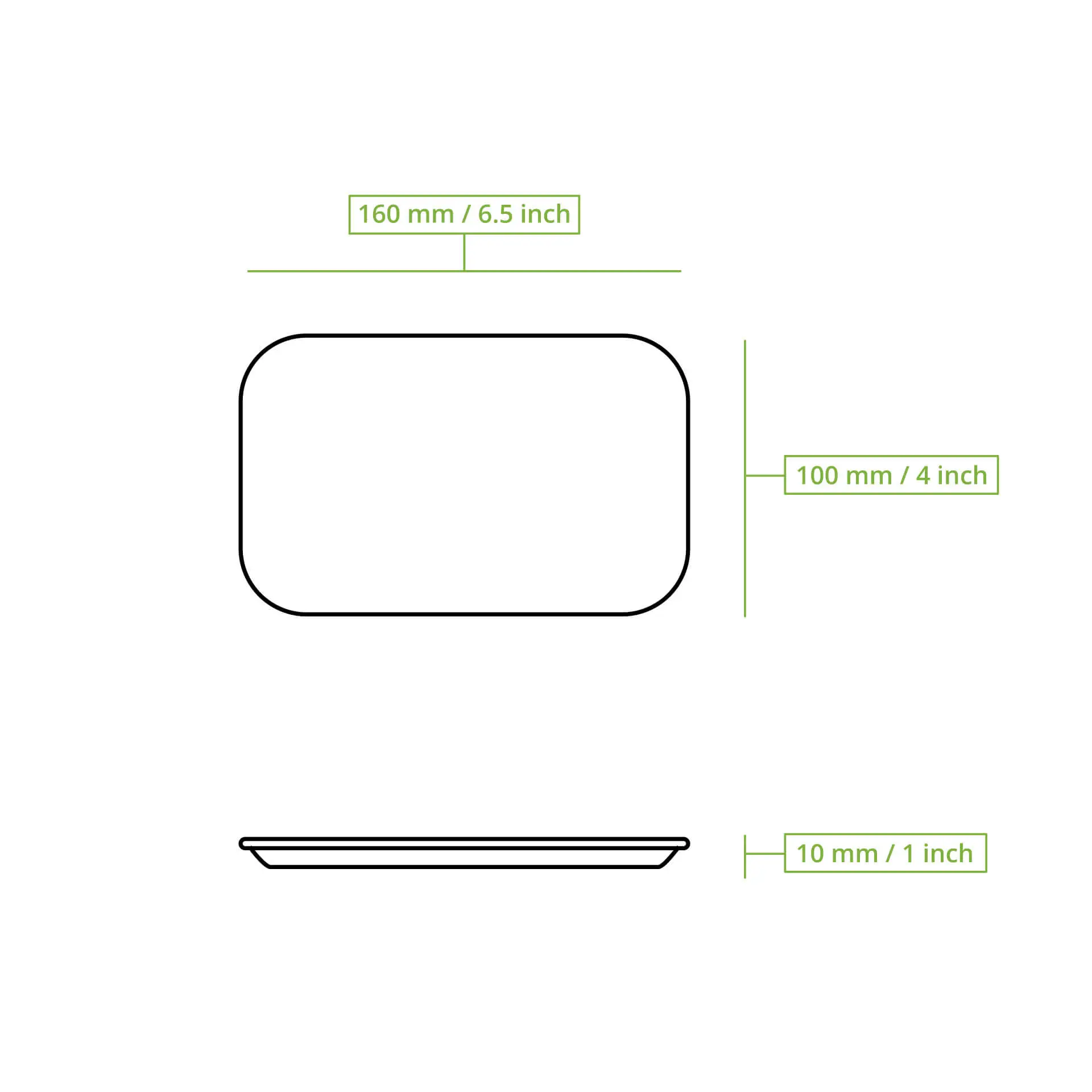 Schematische Zeichnung eines rechteckigen Papiertellers mit den Maßen 160 mm x 100 mm und einer Höhe von 10 mm.